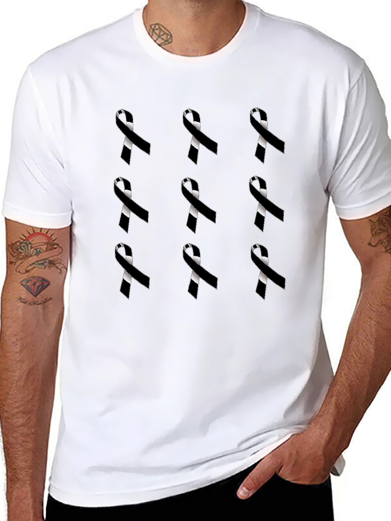 Ribbon Pattern Black Crewneck T-Shirt