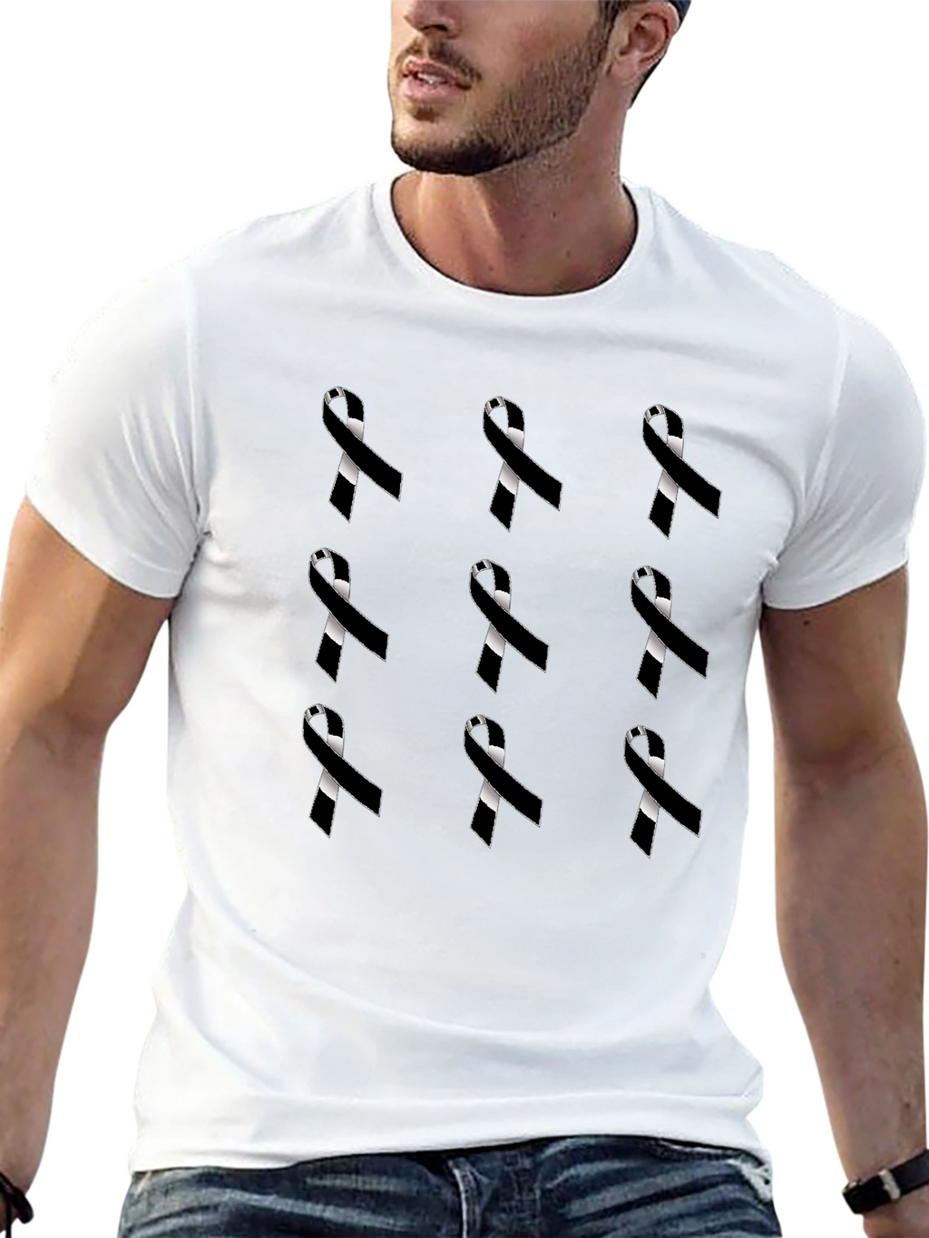 Ribbon Pattern Black Crewneck T-Shirt