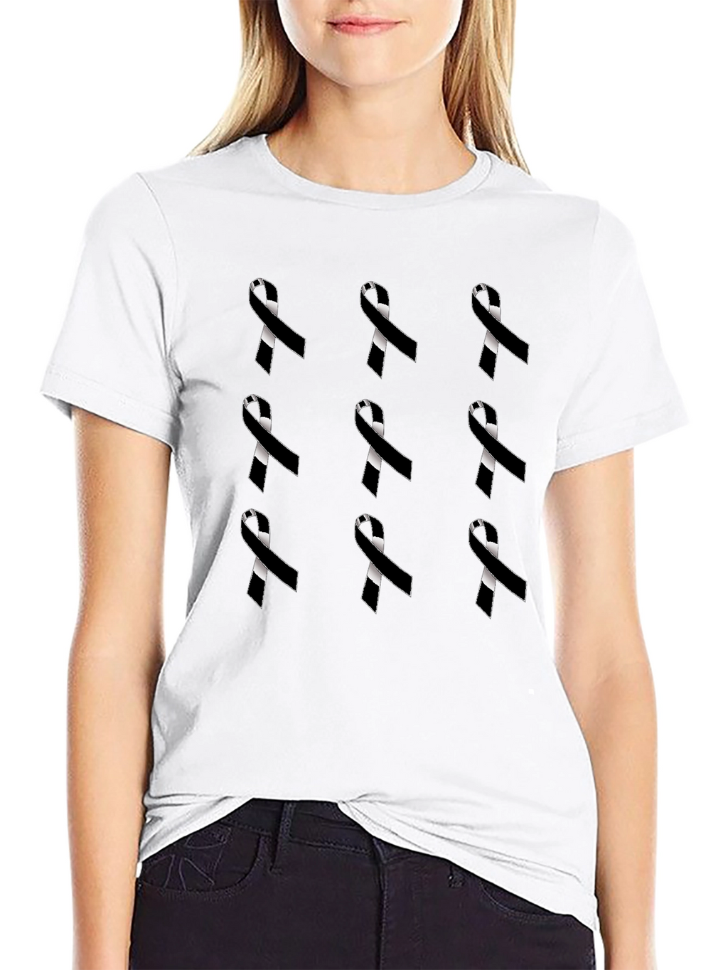 Ribbon Pattern Black Crewneck T-Shirt