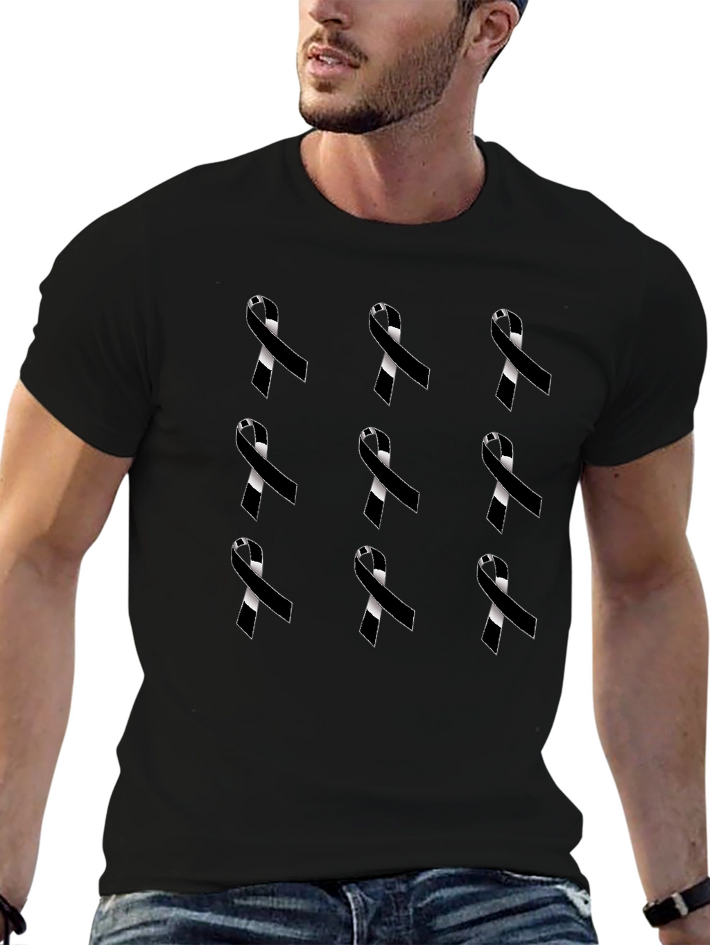 Ribbon Pattern Black Crewneck T-Shirt