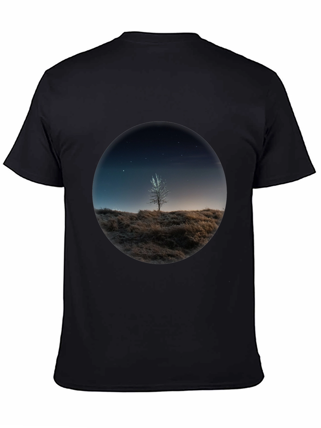 Night Sky Tree Graphic Tee - Black Casual T-Shirt