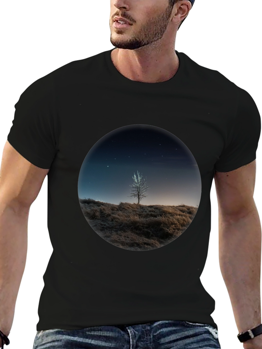 Night Sky Tree Graphic Tee - Black Casual T-Shirt