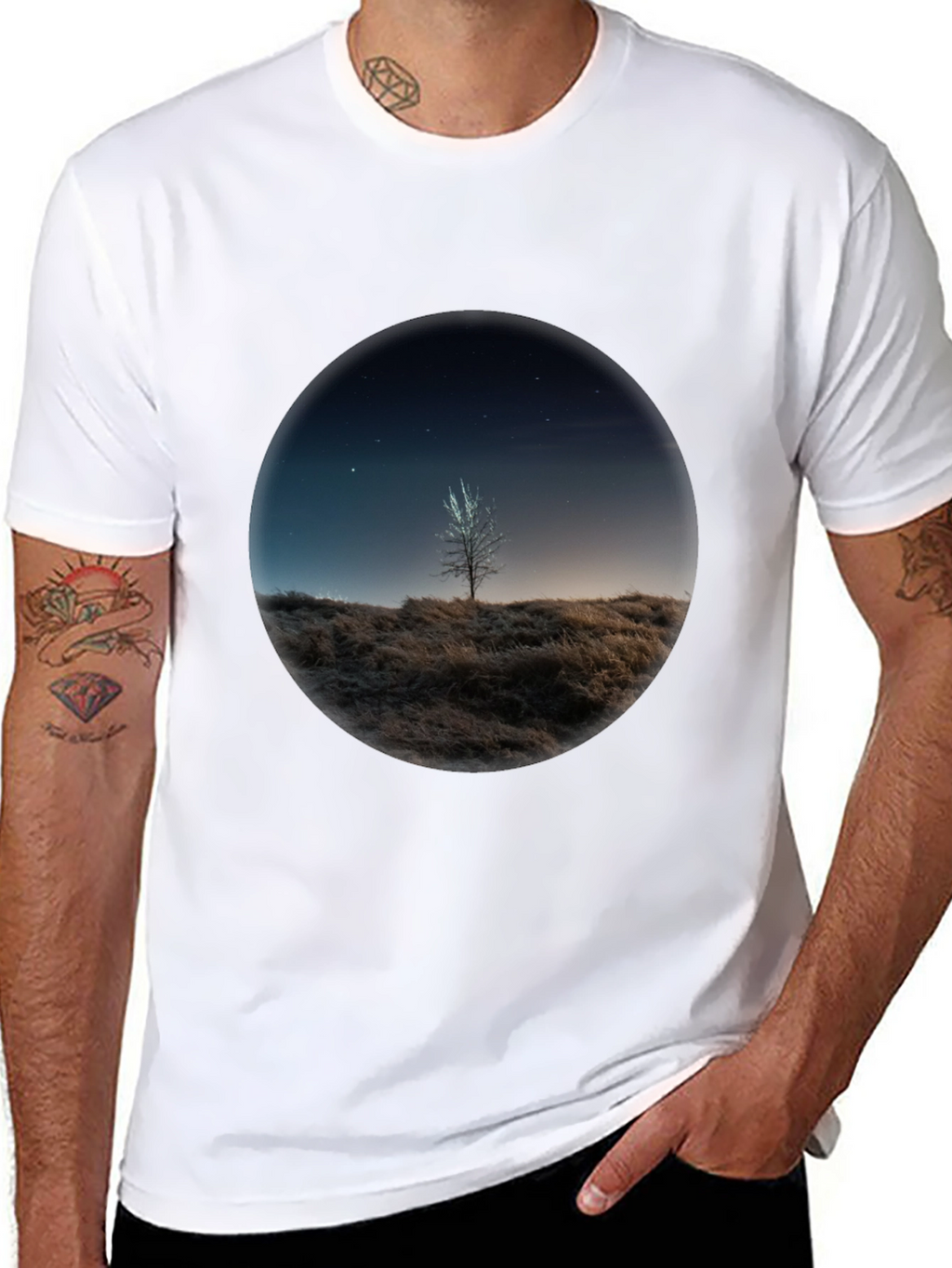 Night Sky Tree Graphic Tee - Black Casual T-Shirt