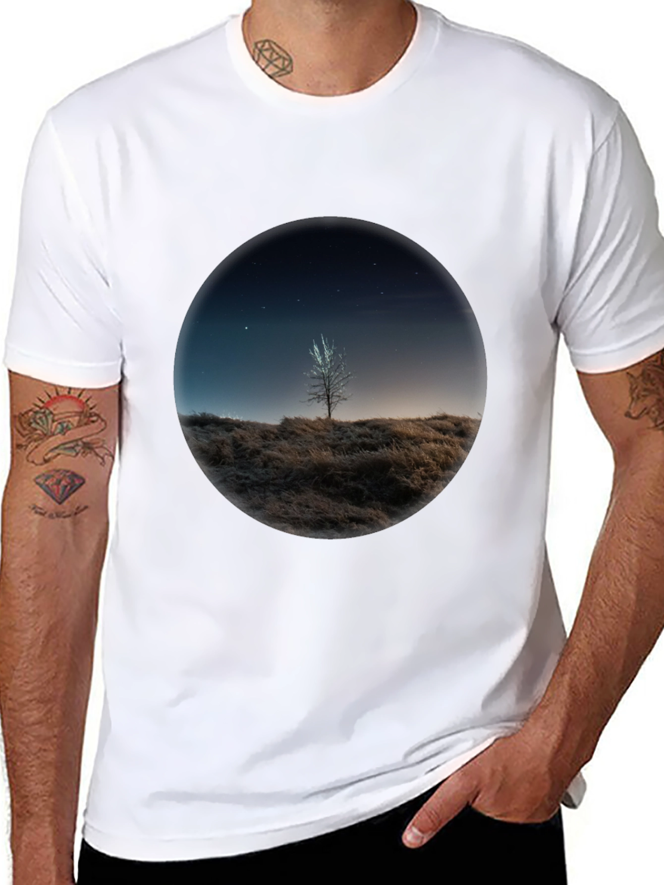 Night Sky Tree Graphic Tee - Black Casual T-Shirt