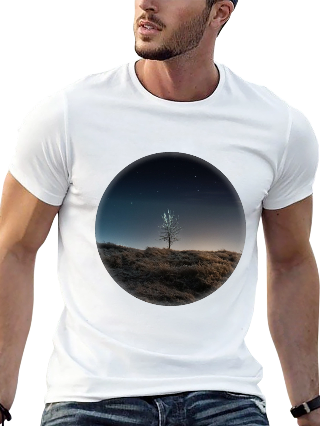 Night Sky Tree Graphic Tee - Black Casual T-Shirt