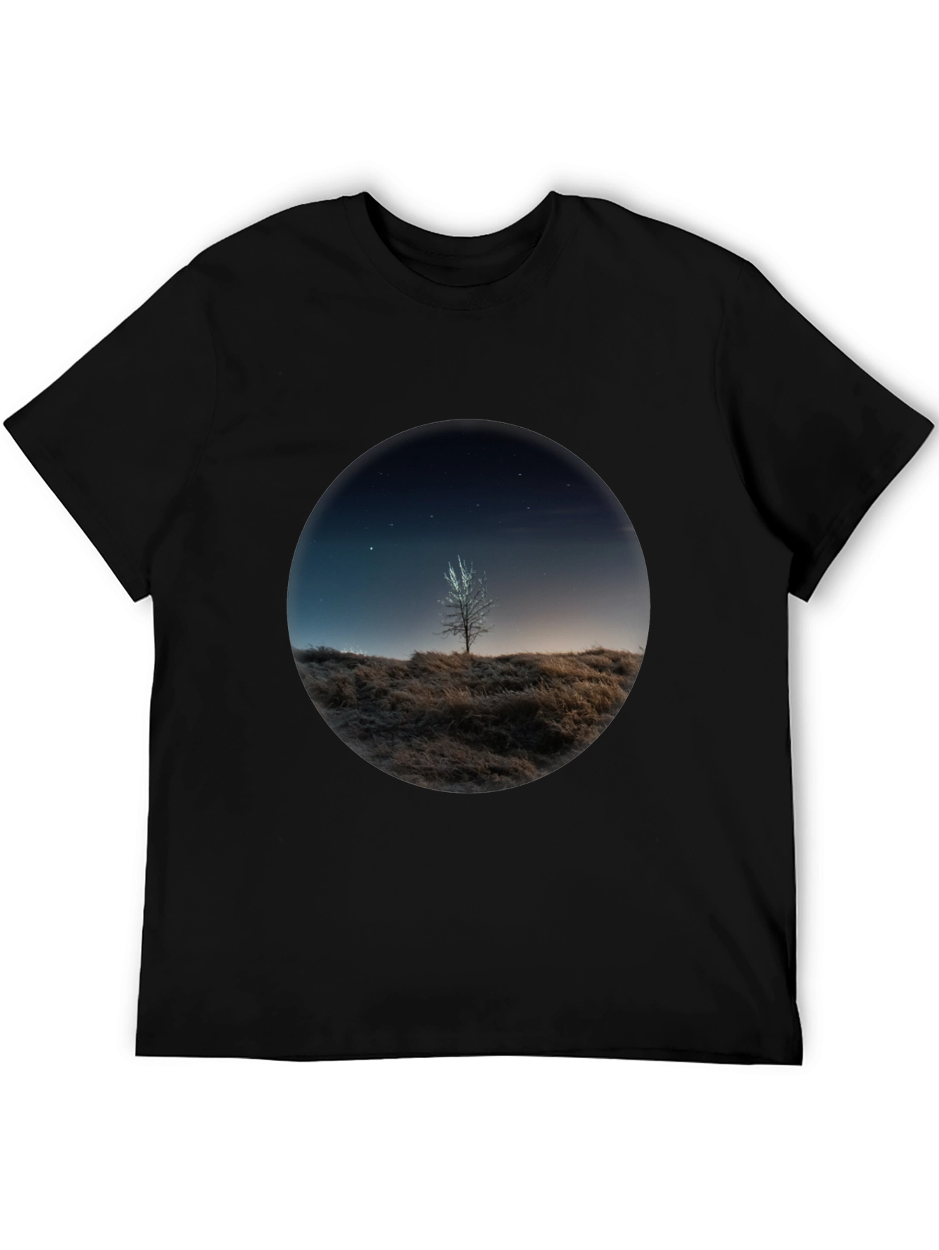 Night Sky Tree Graphic Tee - Black Casual T-Shirt