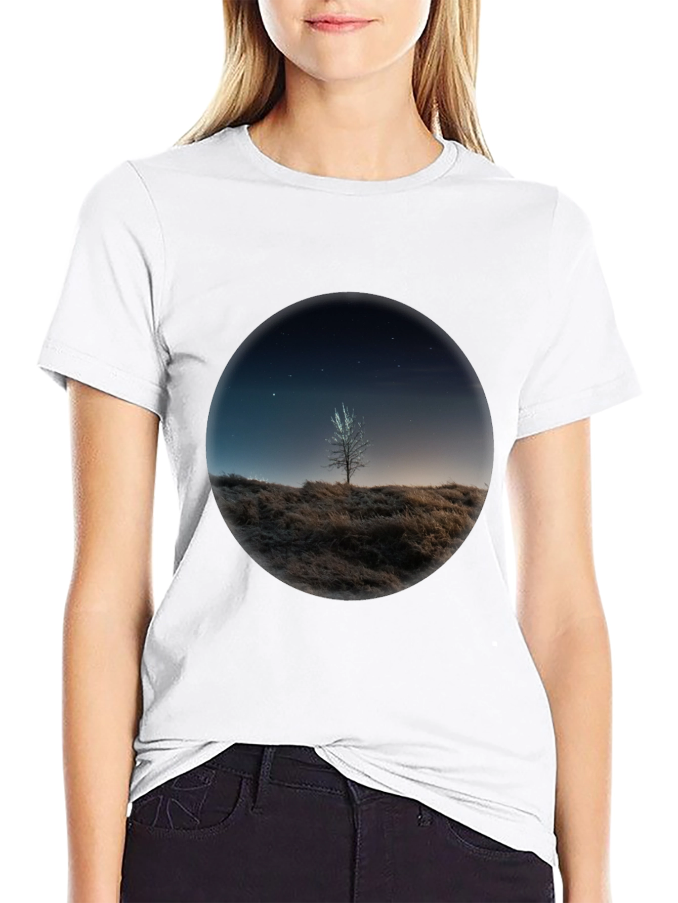 Night Sky Tree Graphic Tee - Black Casual T-Shirt