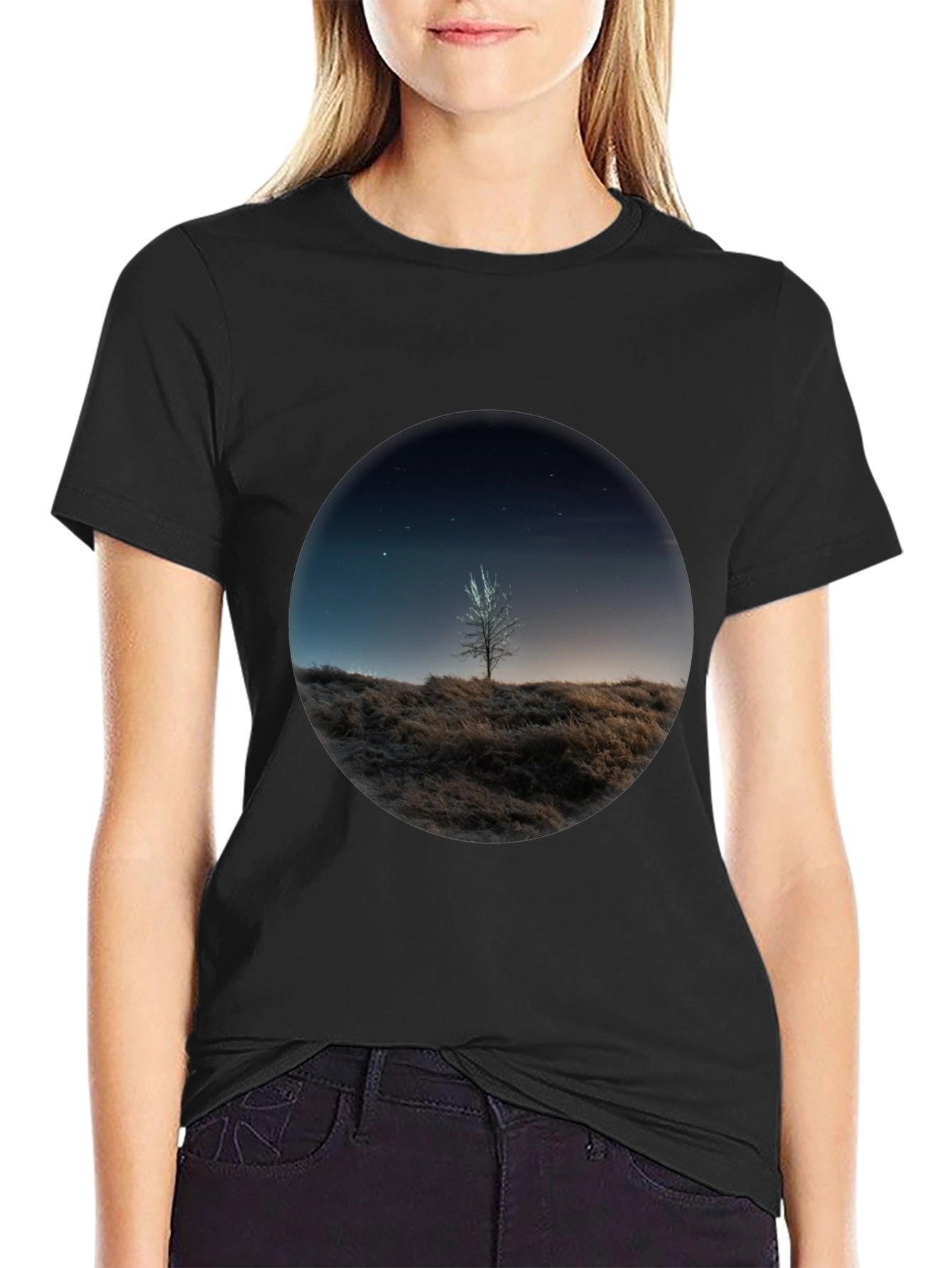 Night Sky Tree Graphic Tee - Black Casual T-Shirt