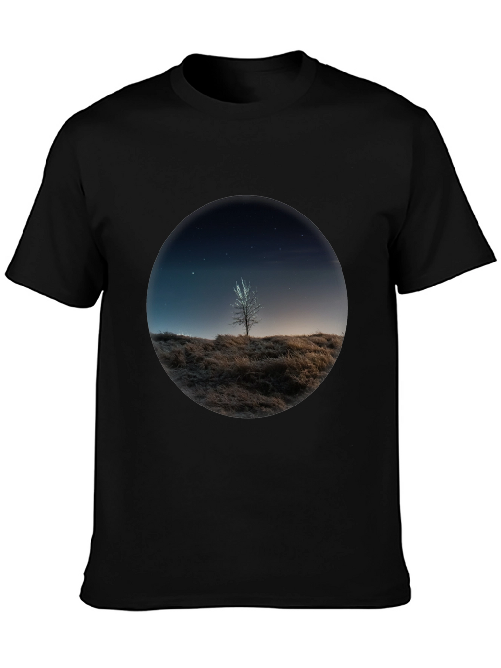 Night Sky Tree Graphic Tee - Black Casual T-Shirt