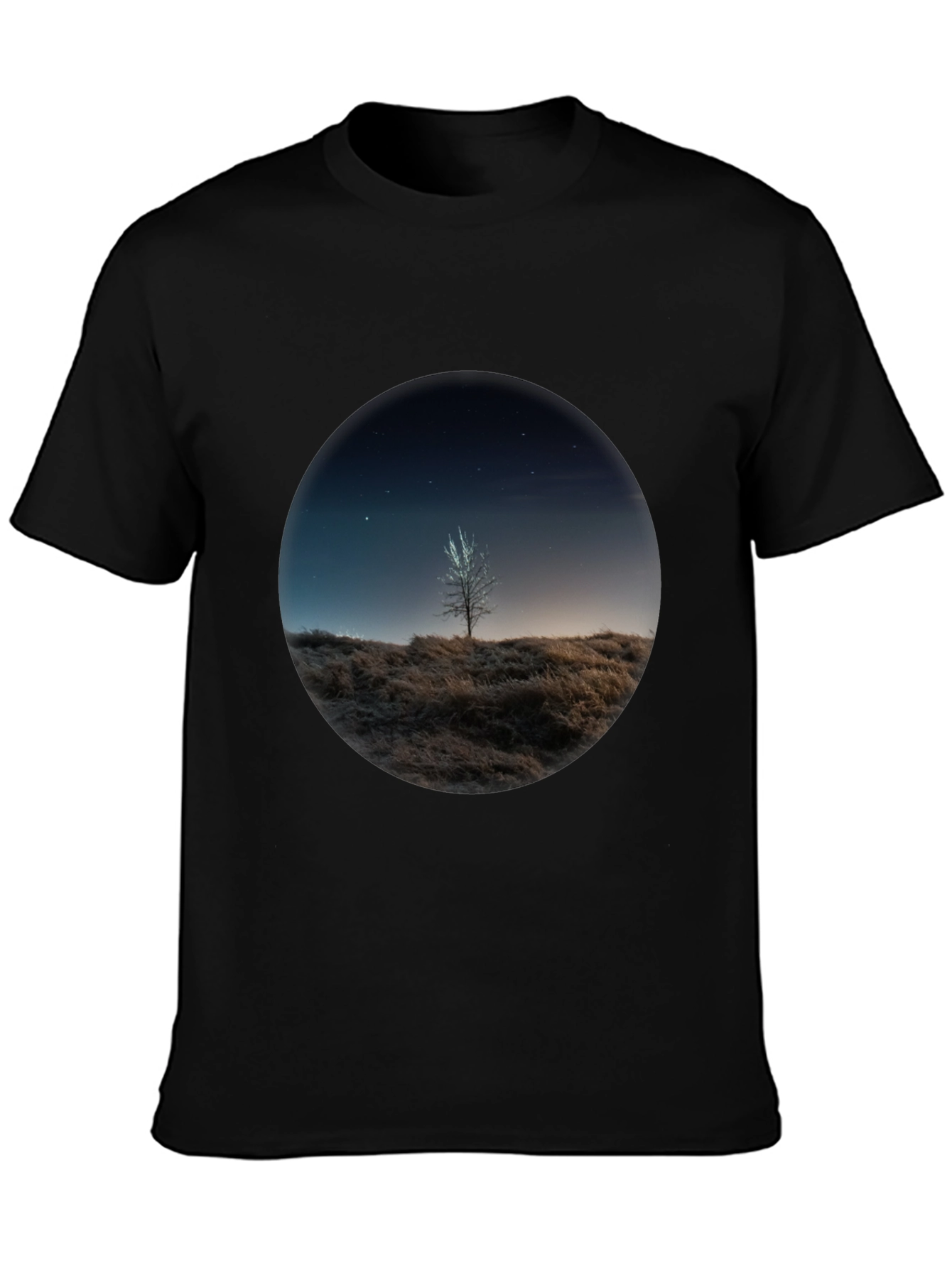 Night Sky Tree Graphic Tee - Black Casual T-Shirt