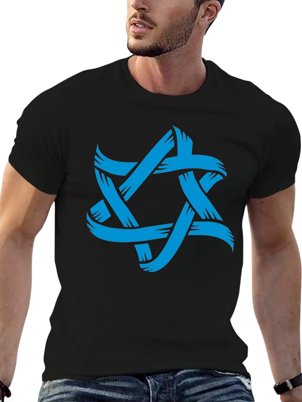 Mens Black T-Shirt with Blue Star Graphic