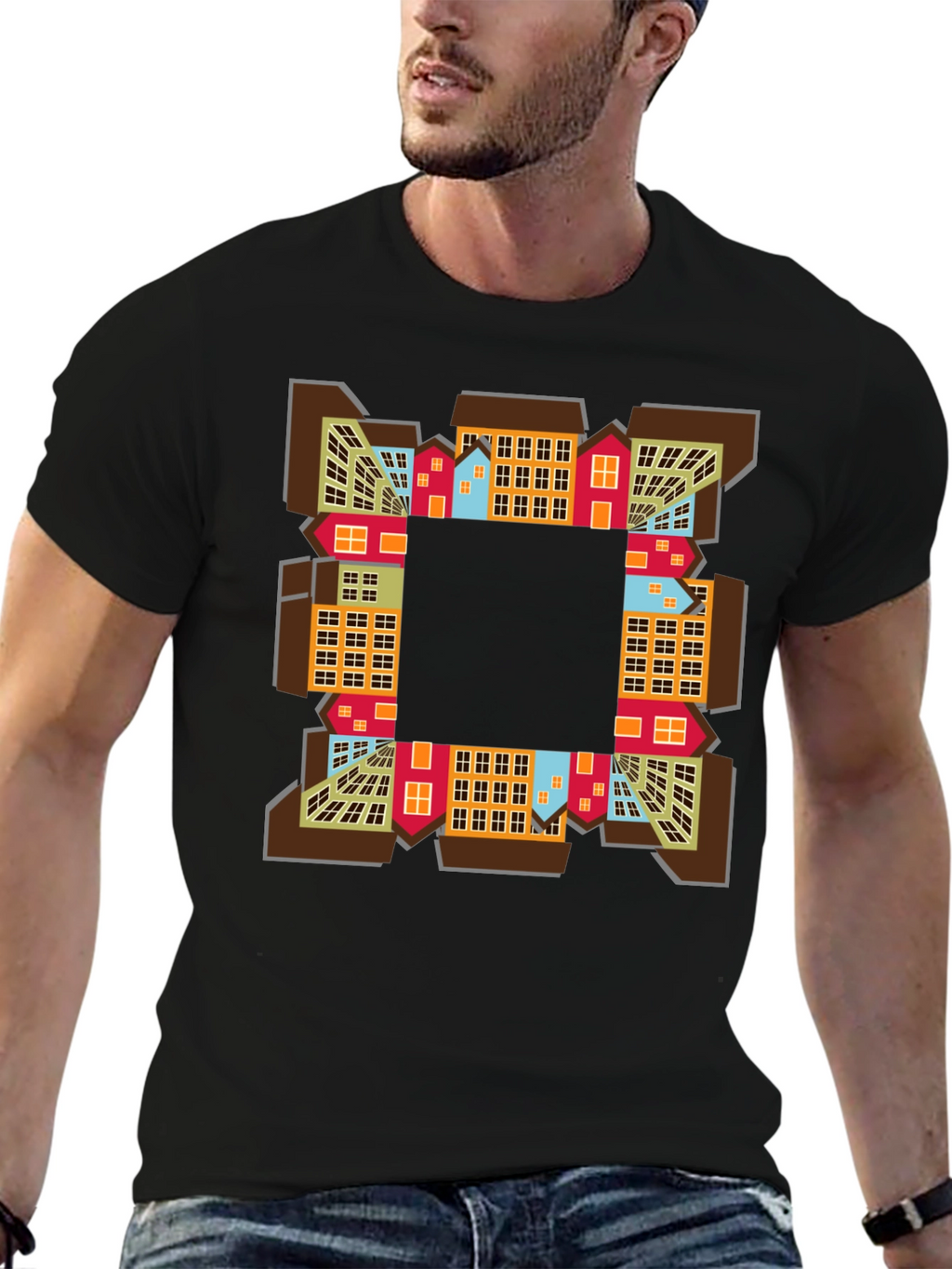 Abstract Cityscape Graphic Tee - Black