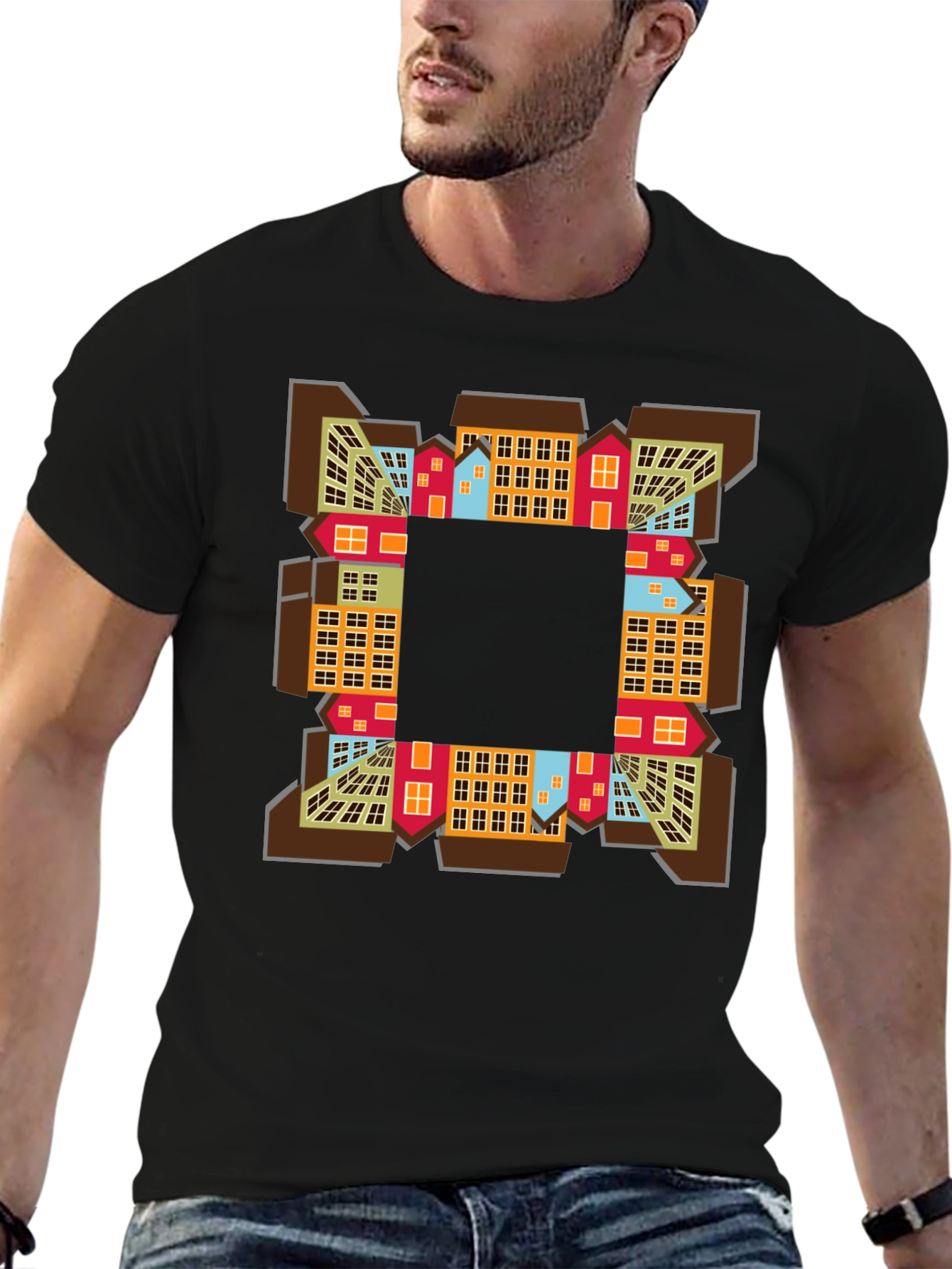 Abstract Cityscape Graphic Tee - Black