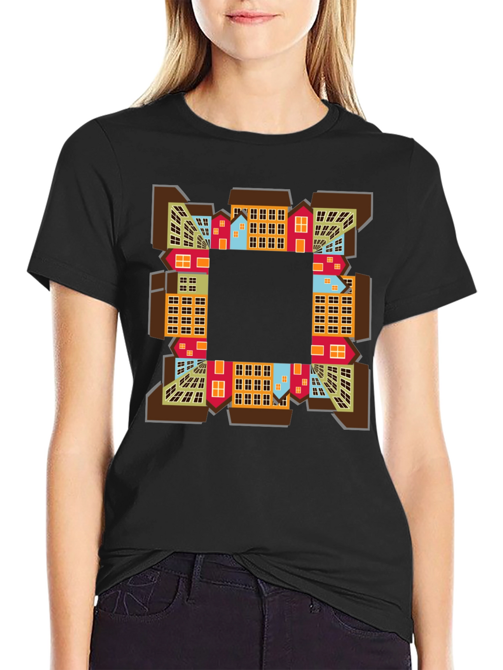 Abstract Cityscape Graphic Tee - Black
