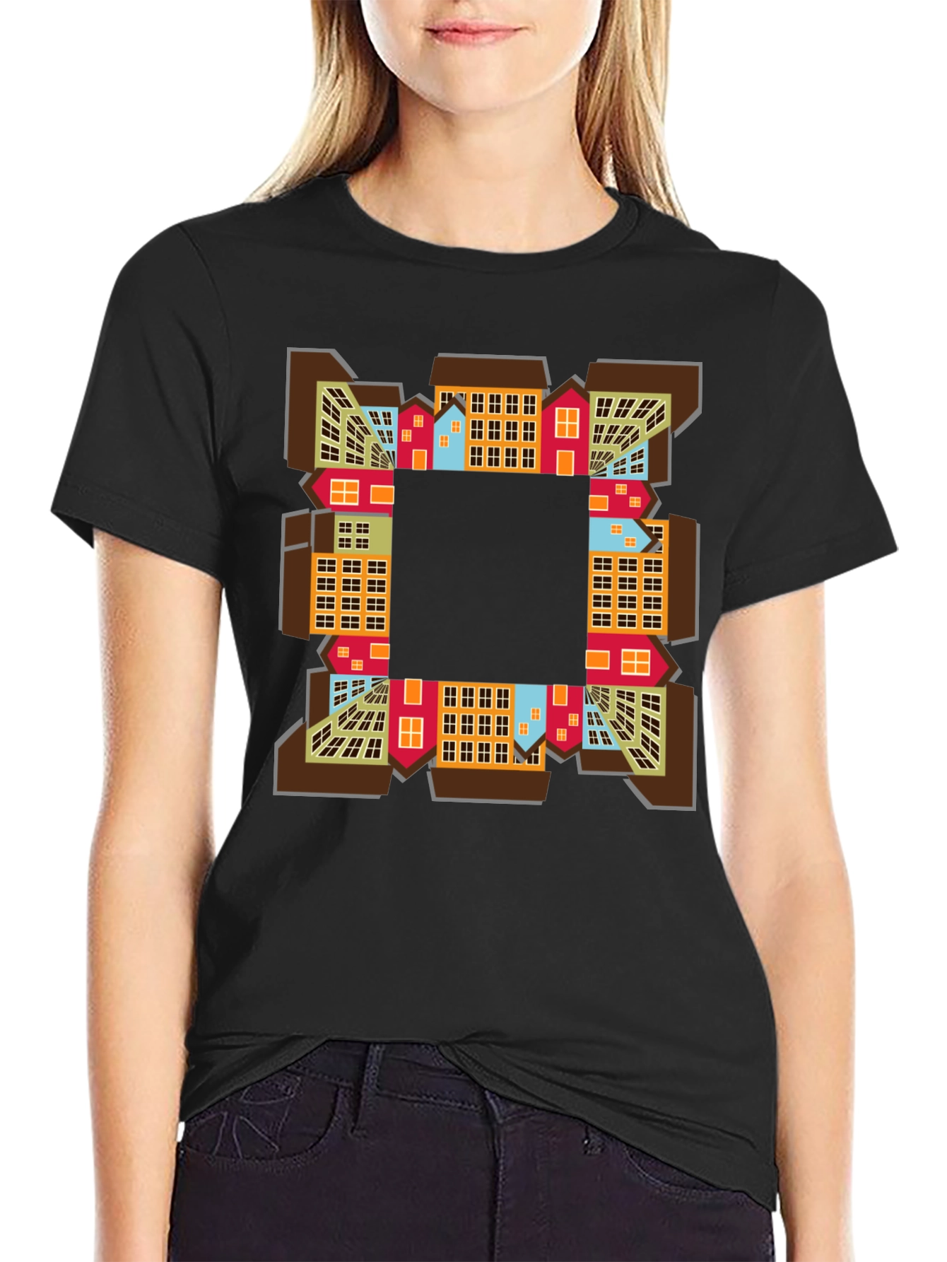 Abstract Cityscape Graphic Tee - Black