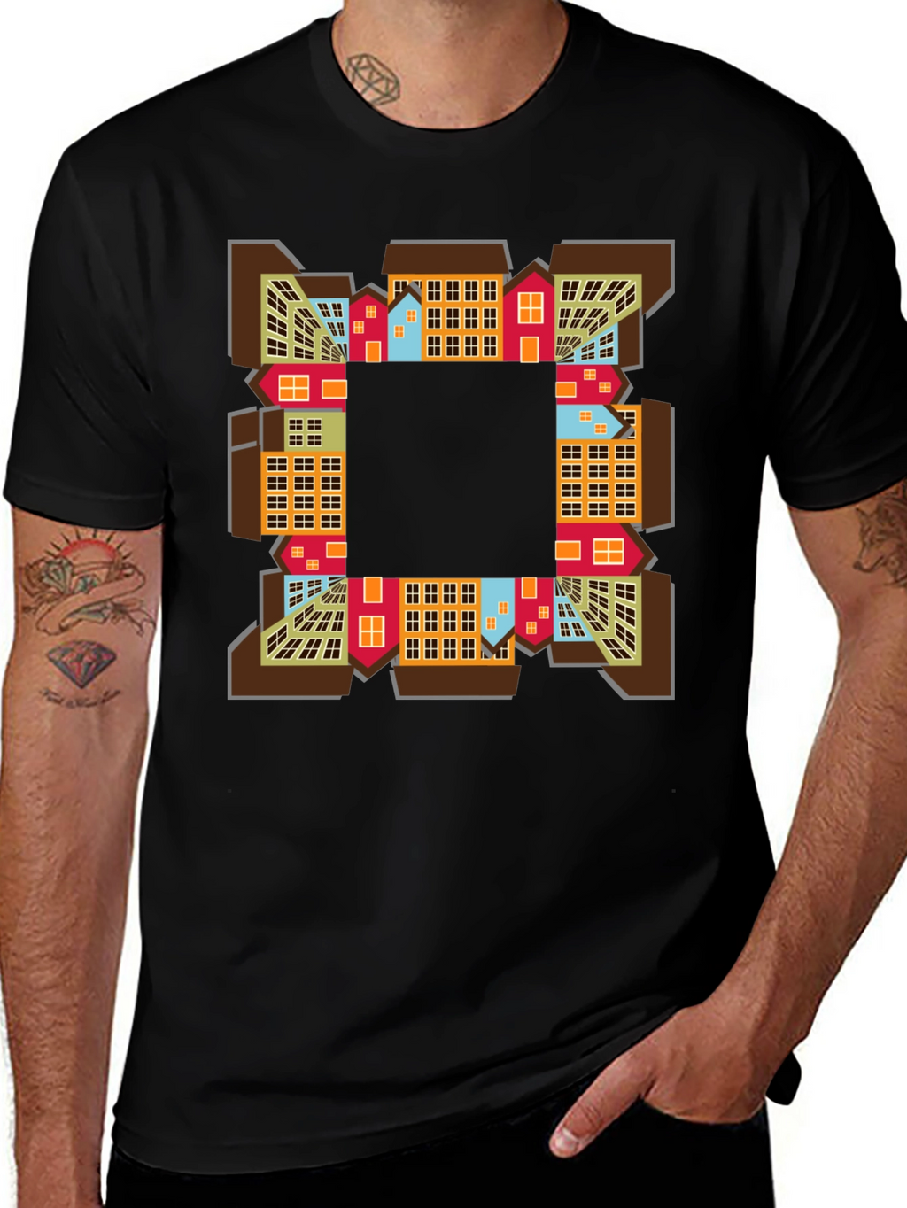 Abstract Cityscape Graphic Tee - Black