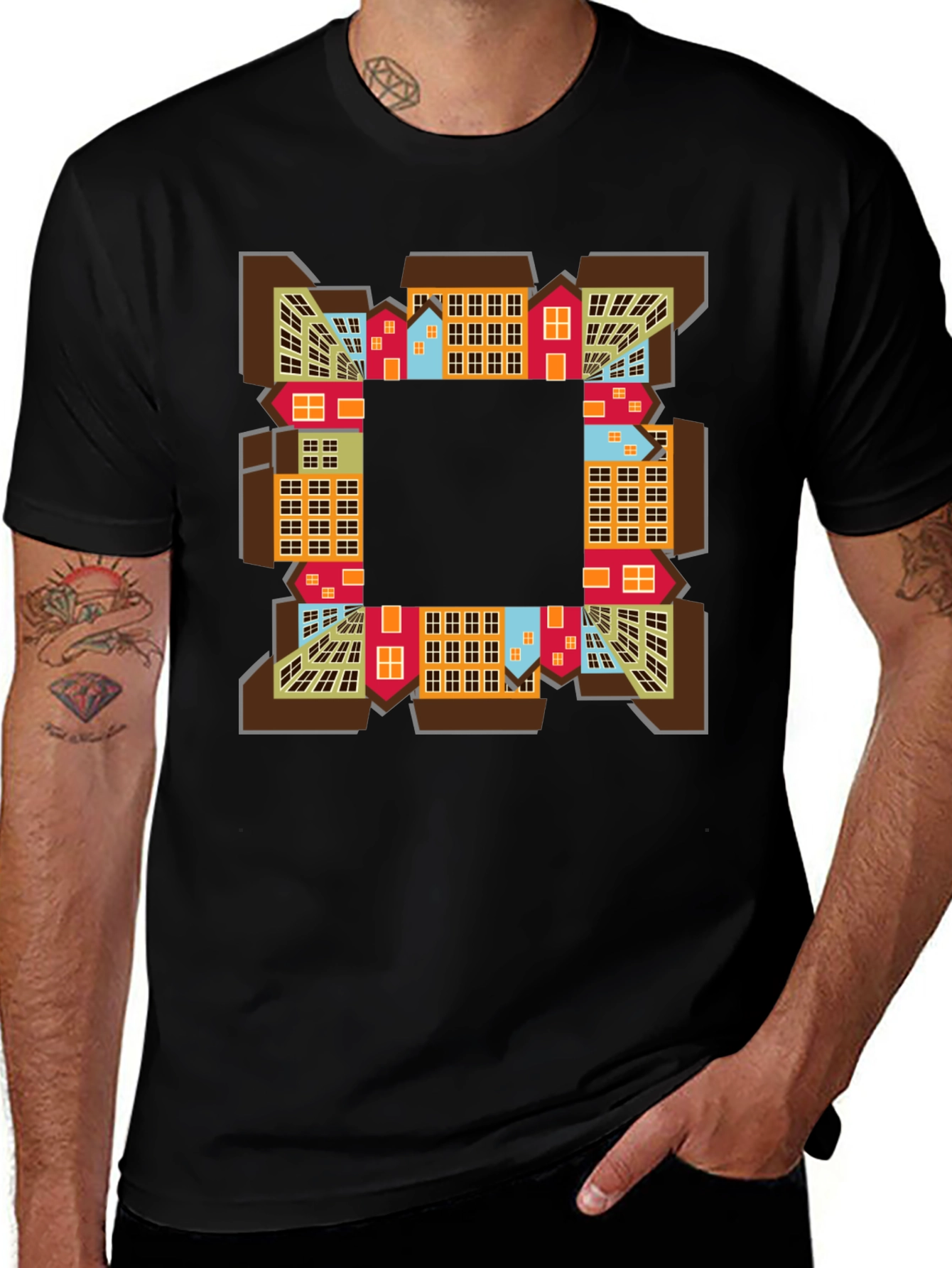Abstract Cityscape Graphic Tee - Black