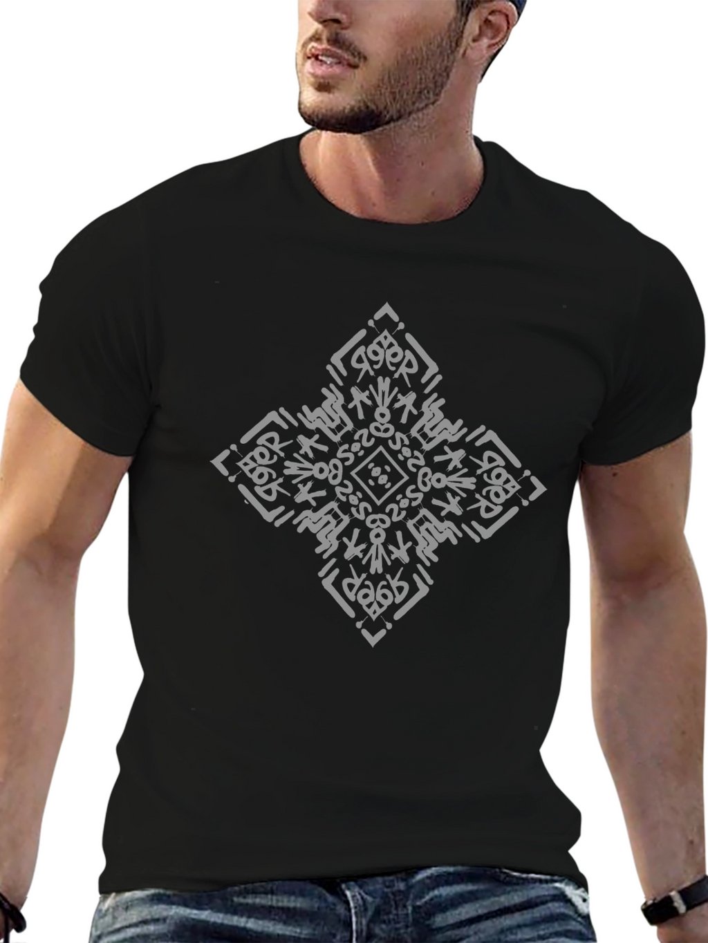 Abstract Diamond Print Black T-Shirt