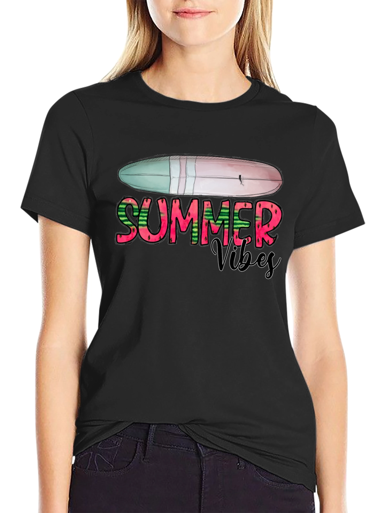 Summer Vibes Surfboard Graphic Tee - Black