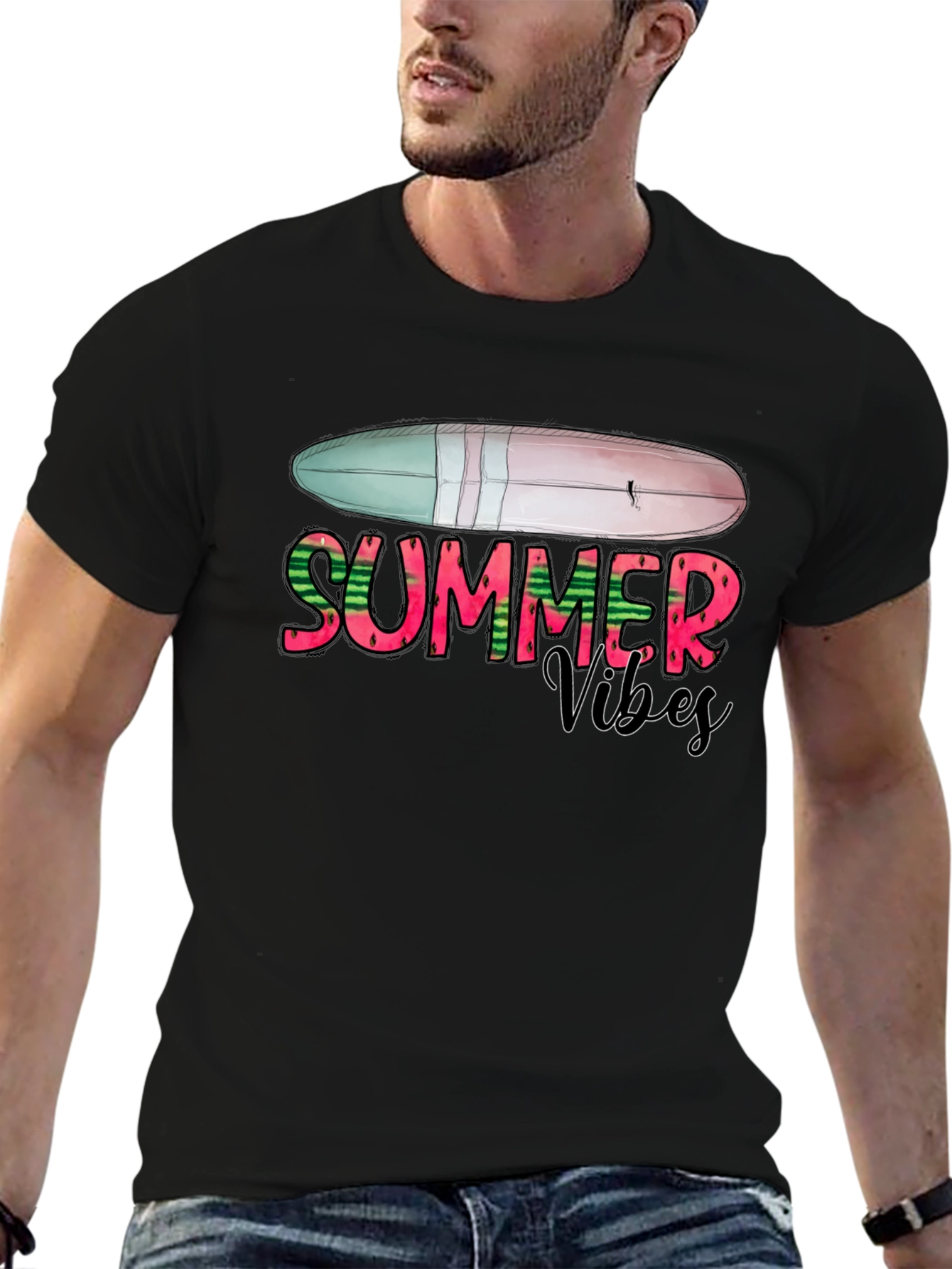 Summer Vibes Surfboard Graphic Tee - Black