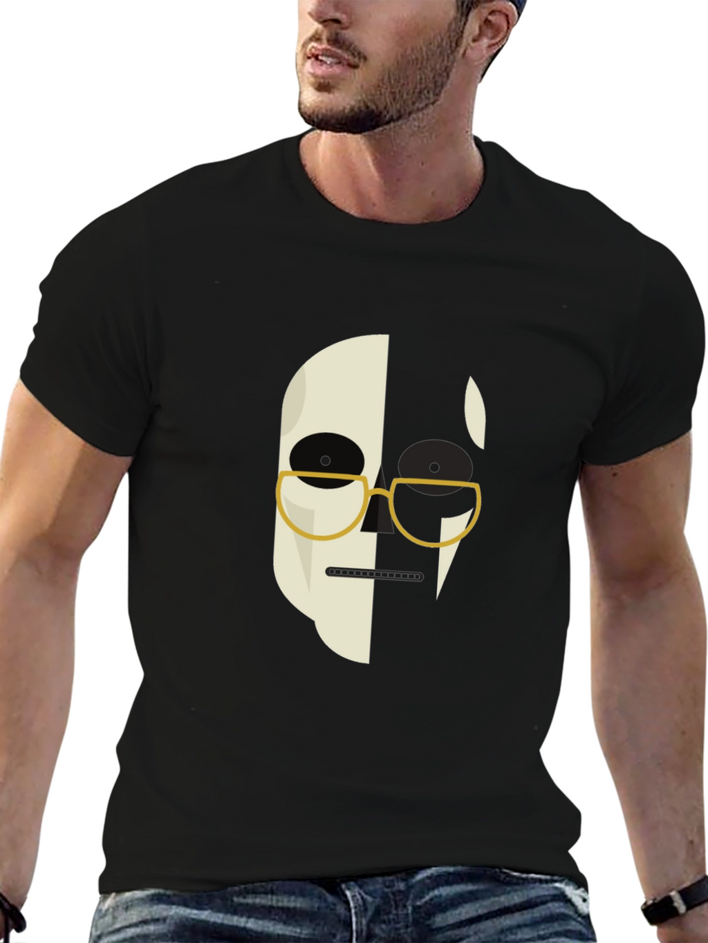 Abstract Face Graphic Print Mens Black T-Shirt