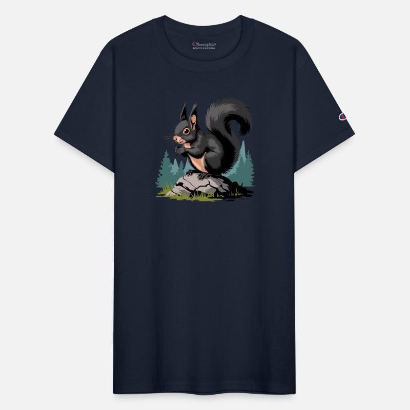 Black Squirrel Sitting On A Rock Evergreen Trees