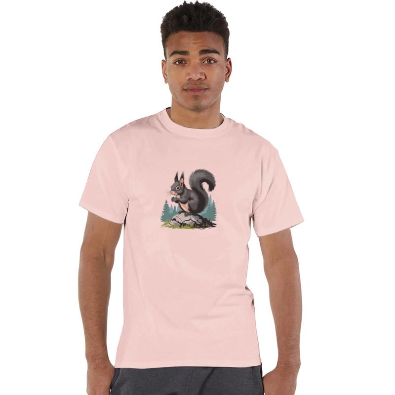 Black Squirrel Sitting On A Rock Evergreen Trees