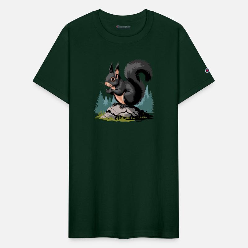 Black Squirrel Sitting On A Rock Evergreen Trees