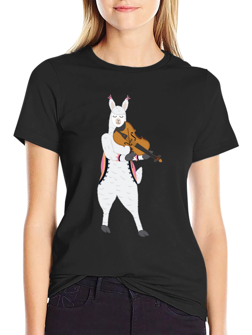 Llama Violinist Graphic Tee - Playful Black T-Shirt