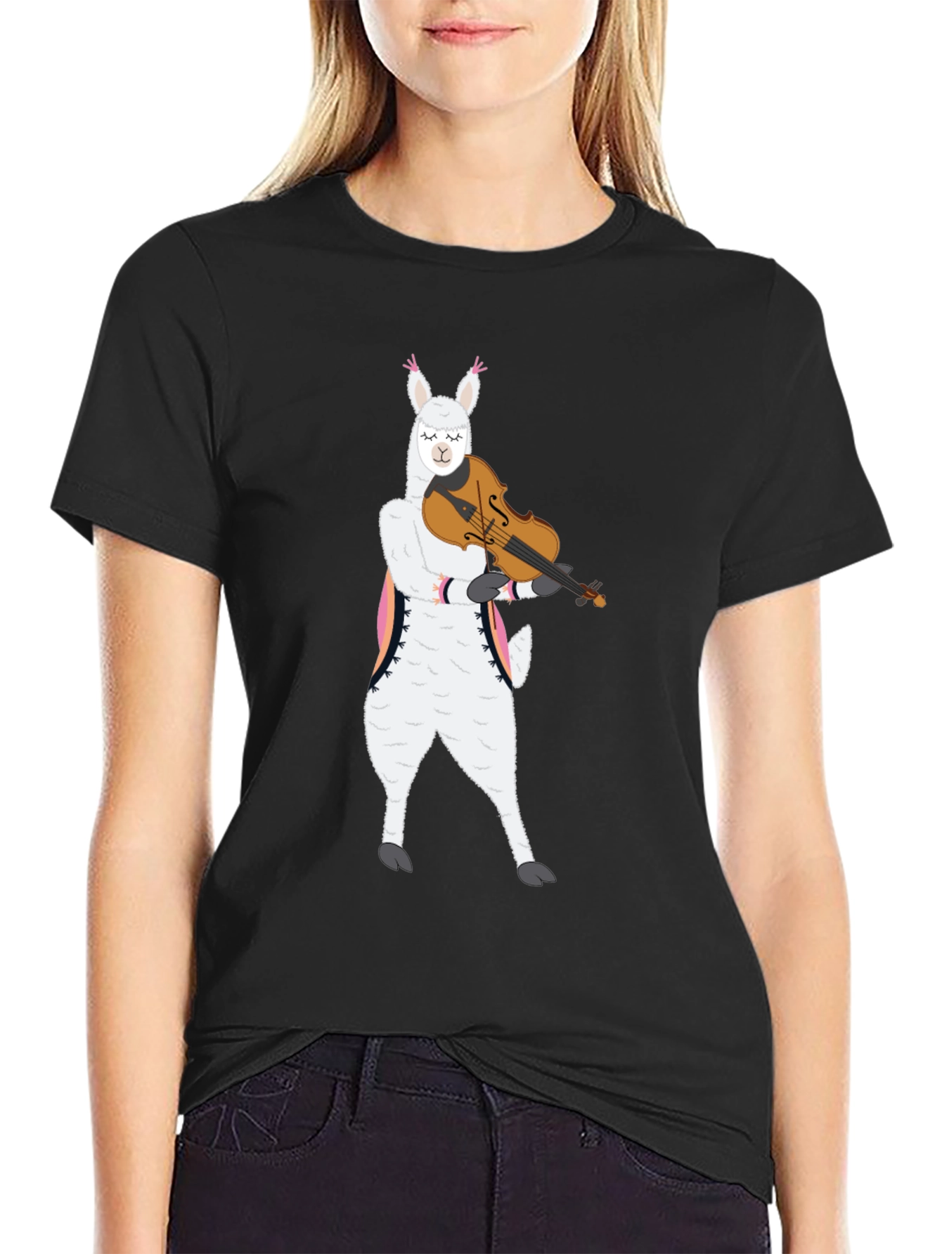 Llama Violinist Graphic Tee - Playful Black T-Shirt