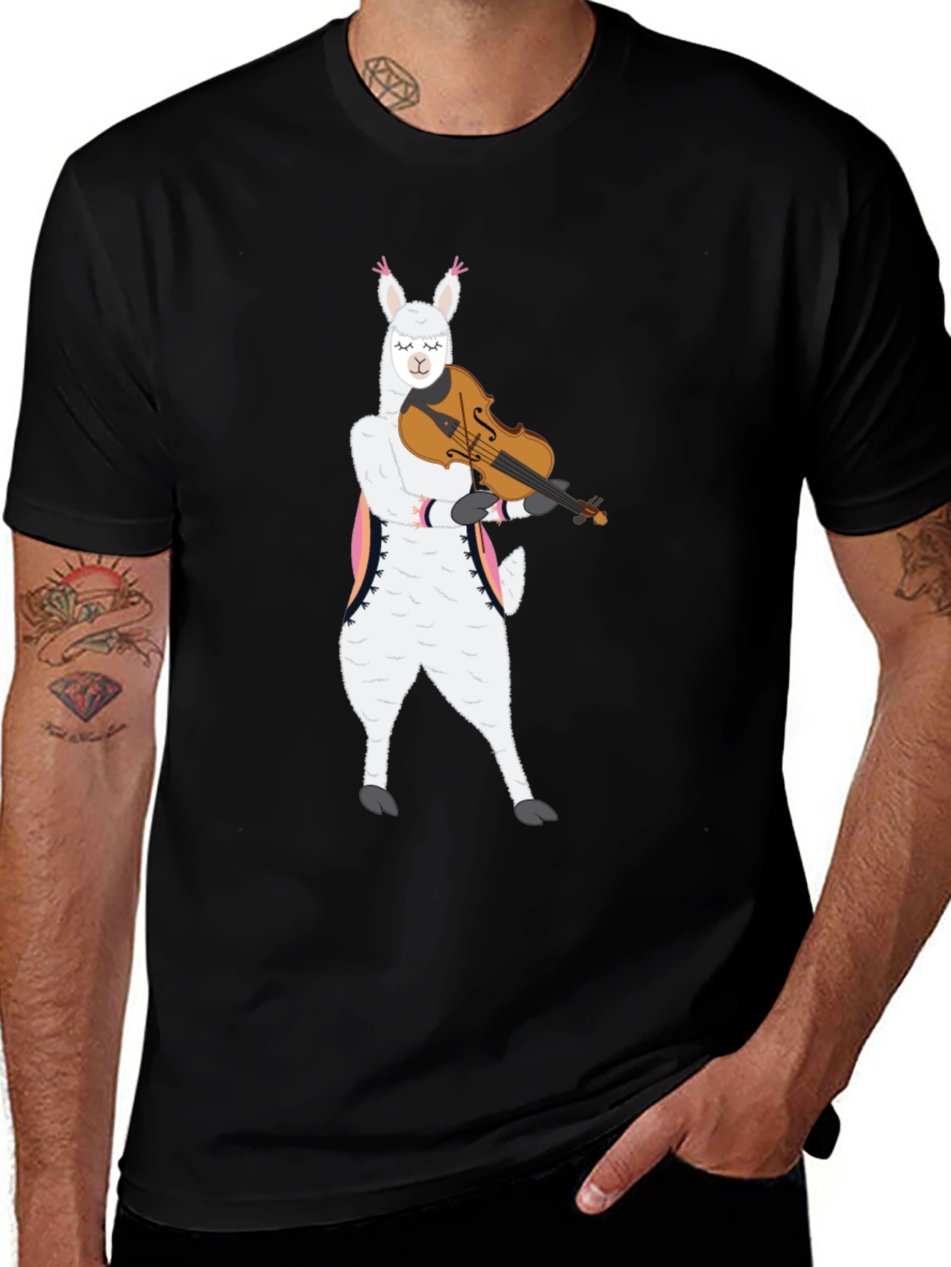 Llama Violinist Graphic Tee - Playful Black T-Shirt