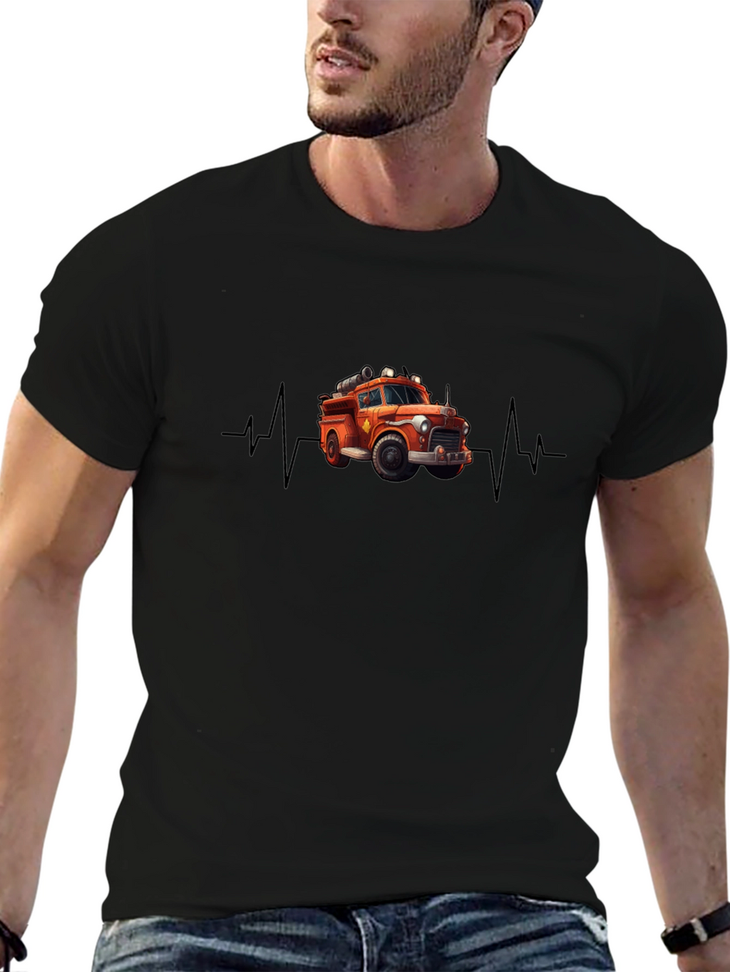 Fire Truck Heartbeat T-Shirt - Black