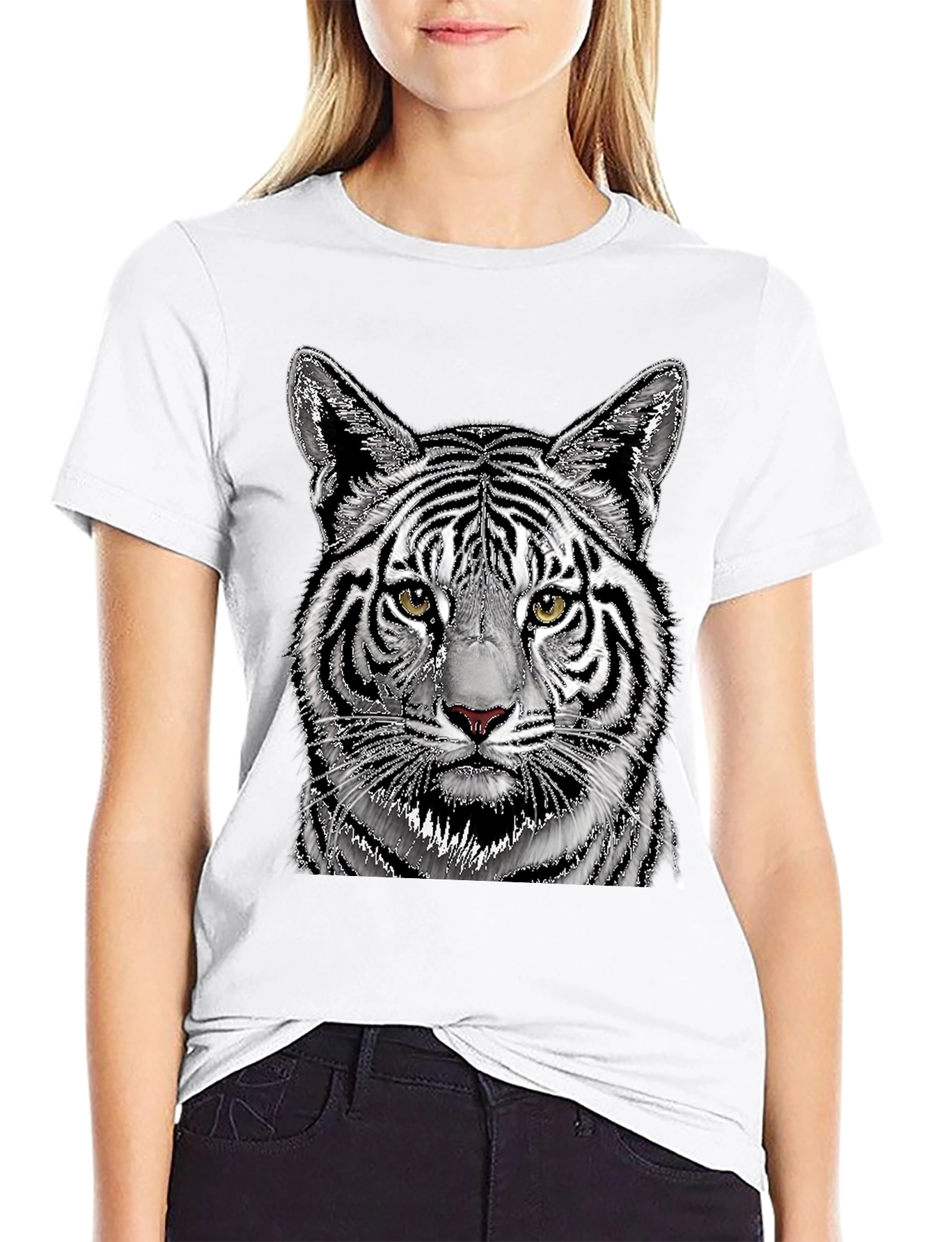 White Tiger Graphic Print Black T-Shirt
