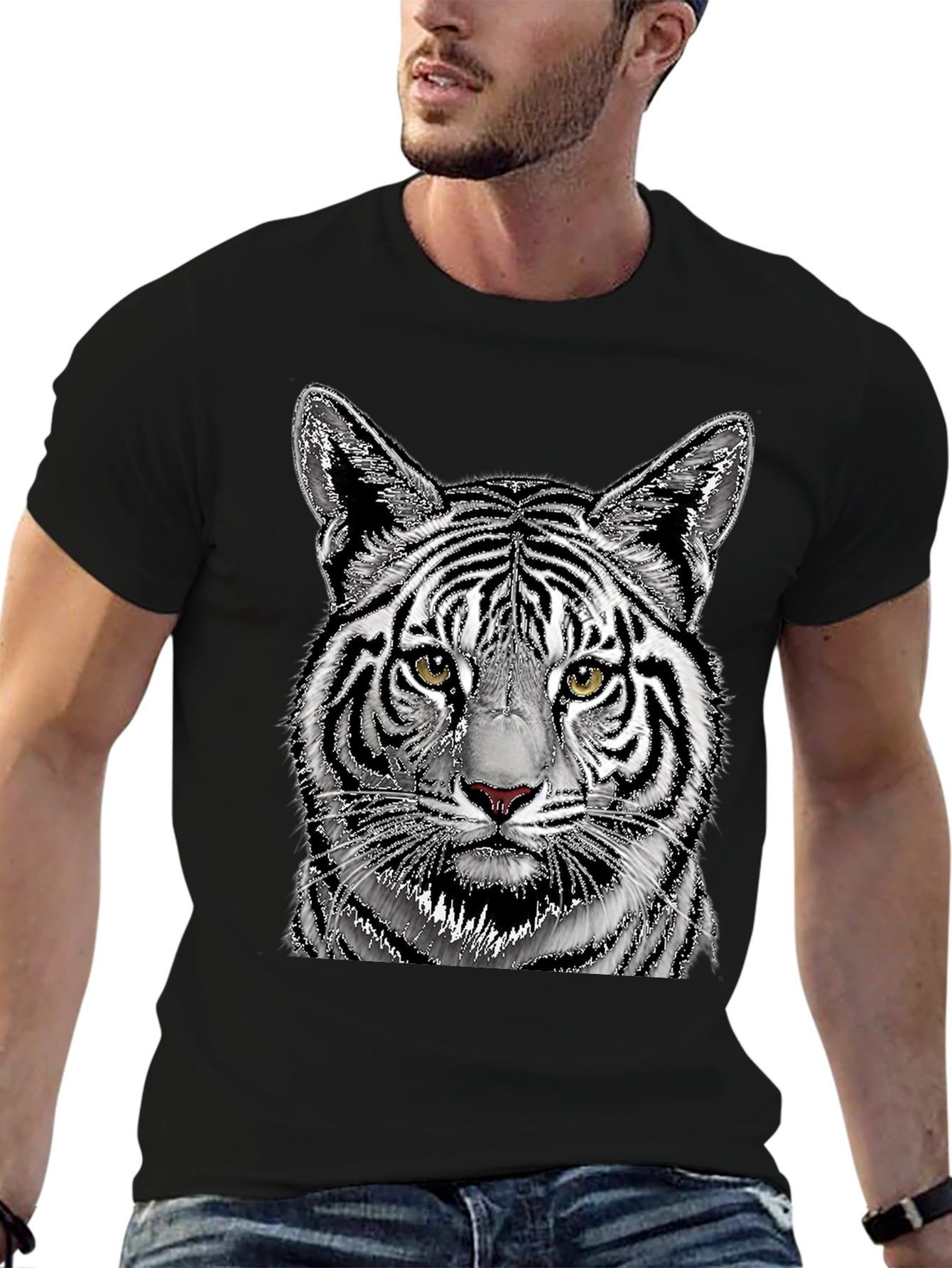 White Tiger Graphic Print Black T-Shirt