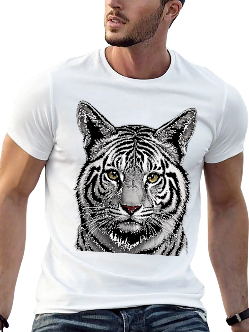White Tiger Graphic Print Black T-Shirt
