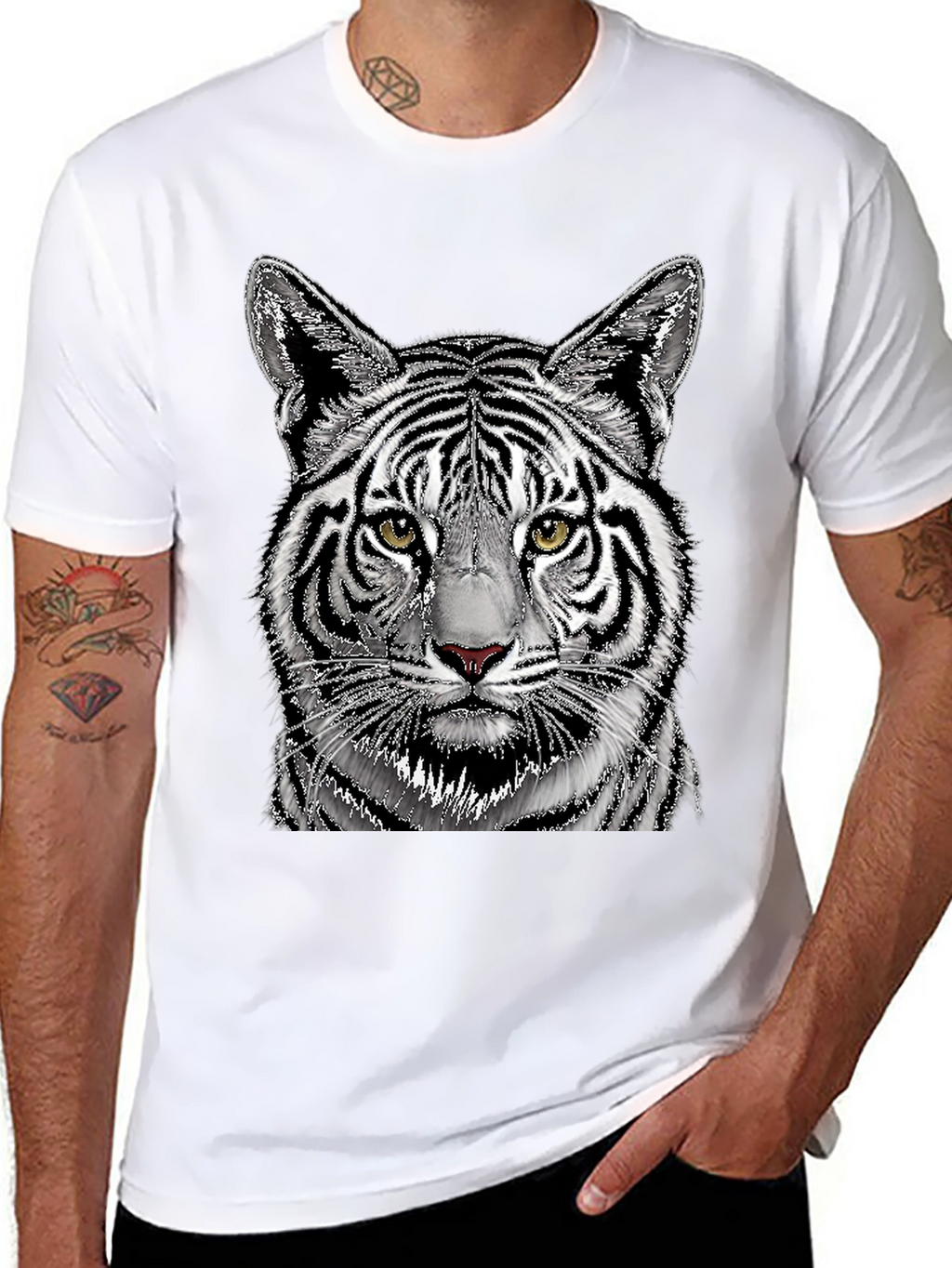 White Tiger Graphic Print Black T-Shirt