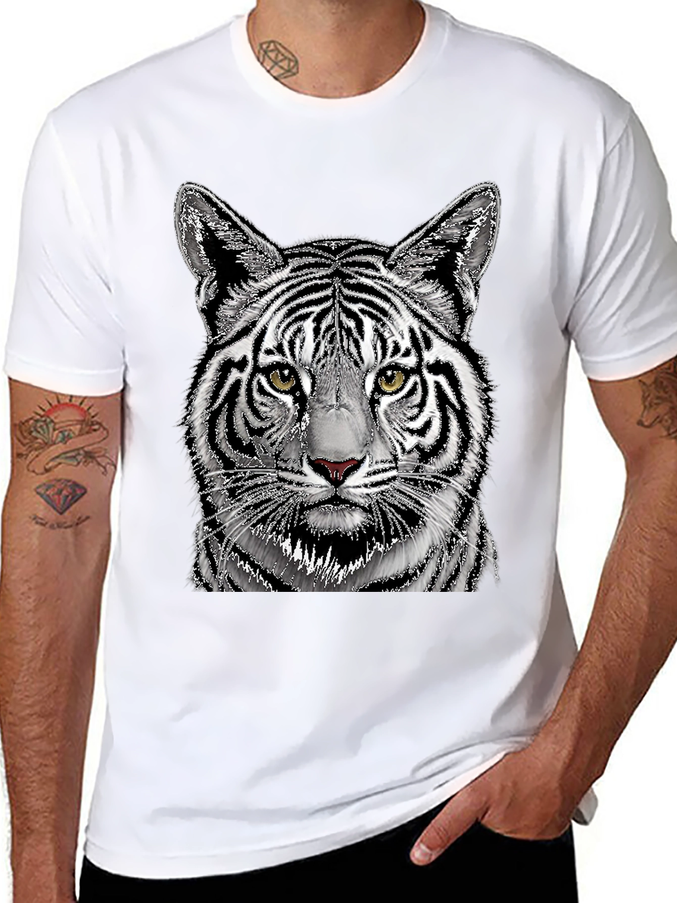 White Tiger Graphic Print Black T-Shirt