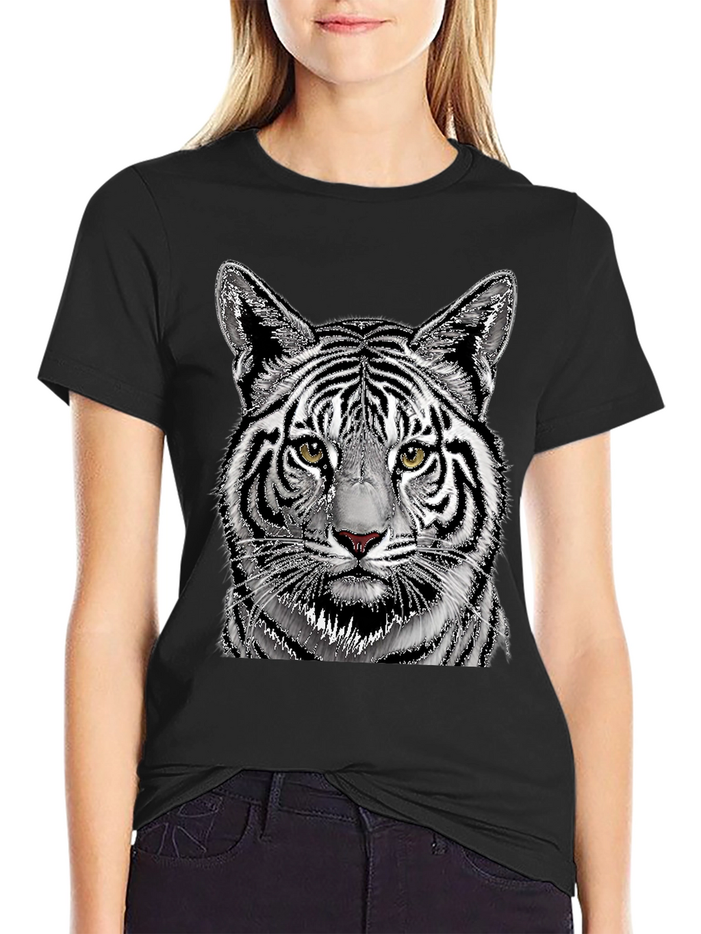 White Tiger Graphic Print Black T-Shirt