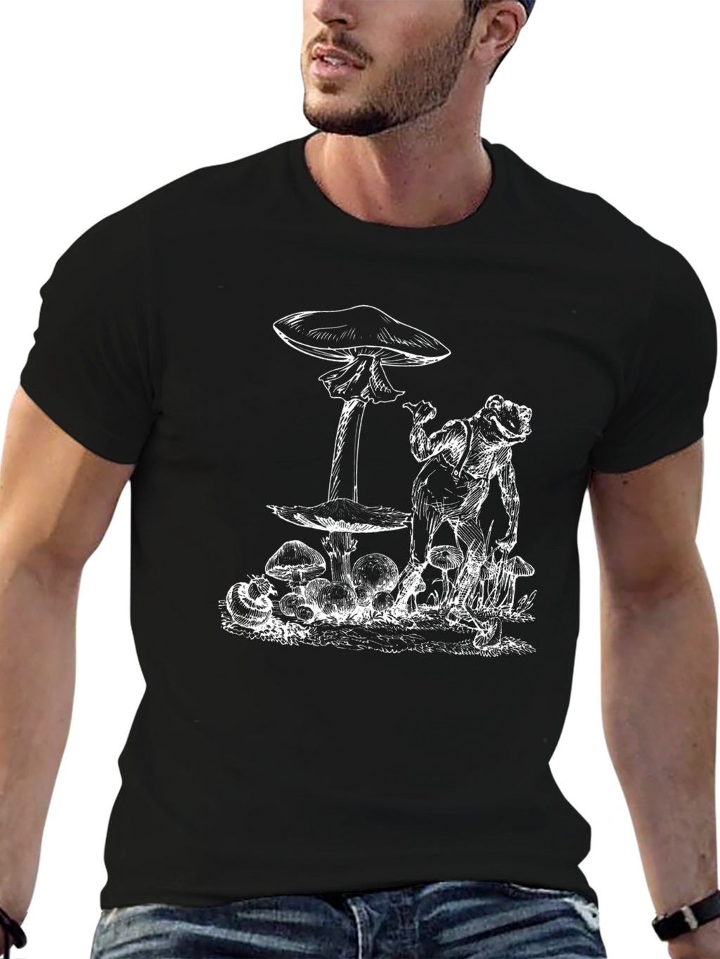Frog & Mushroom Graphic Tee - Black Cotton T-Shirt