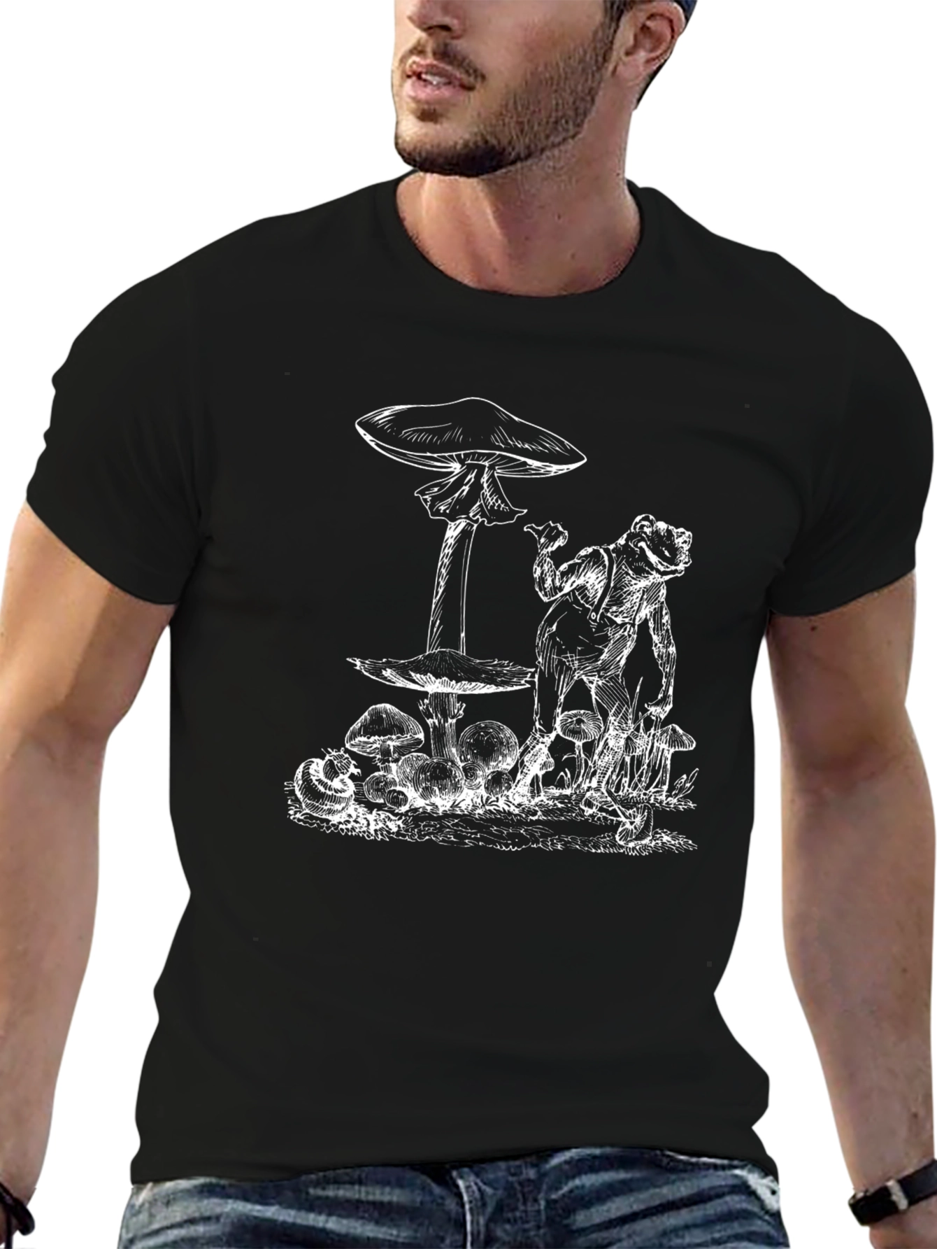 Frog & Mushroom Graphic Tee - Black Cotton T-Shirt