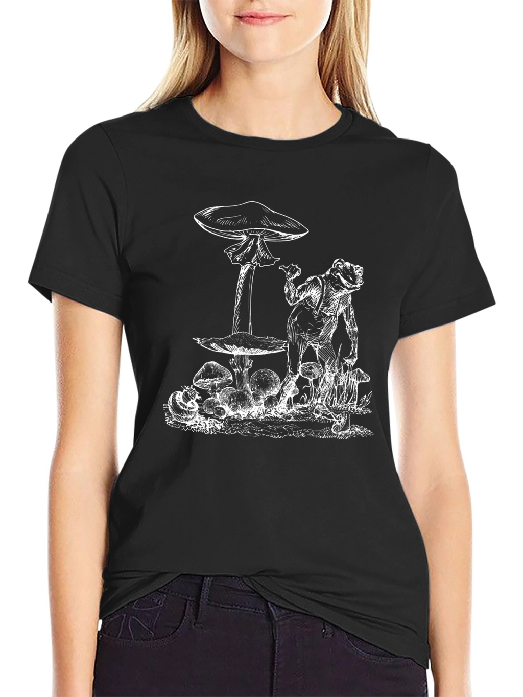 Frog & Mushroom Graphic Tee - Black Cotton T-Shirt