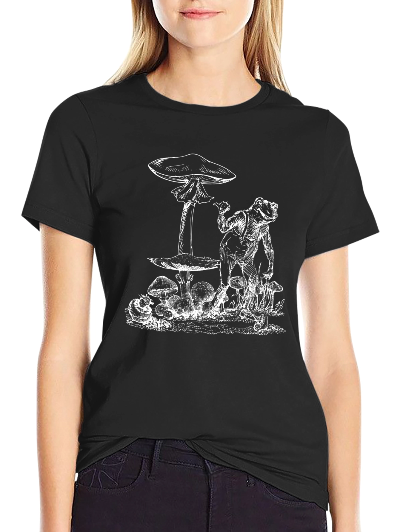 Frog & Mushroom Graphic Tee - Black Cotton T-Shirt
