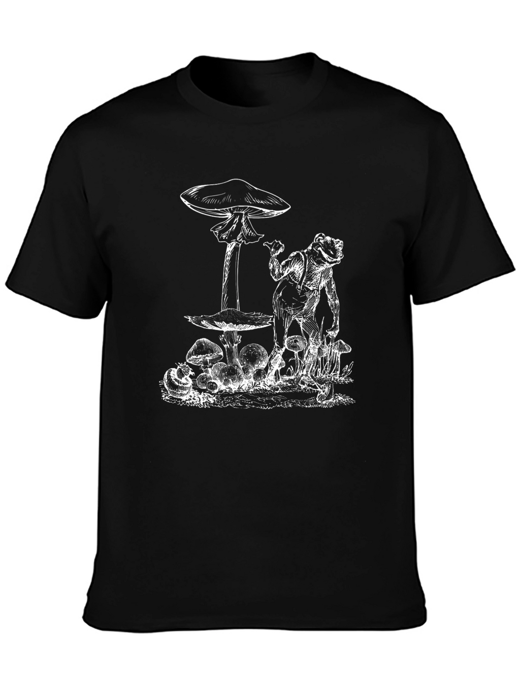 Frog & Mushroom Graphic Tee - Black Cotton T-Shirt