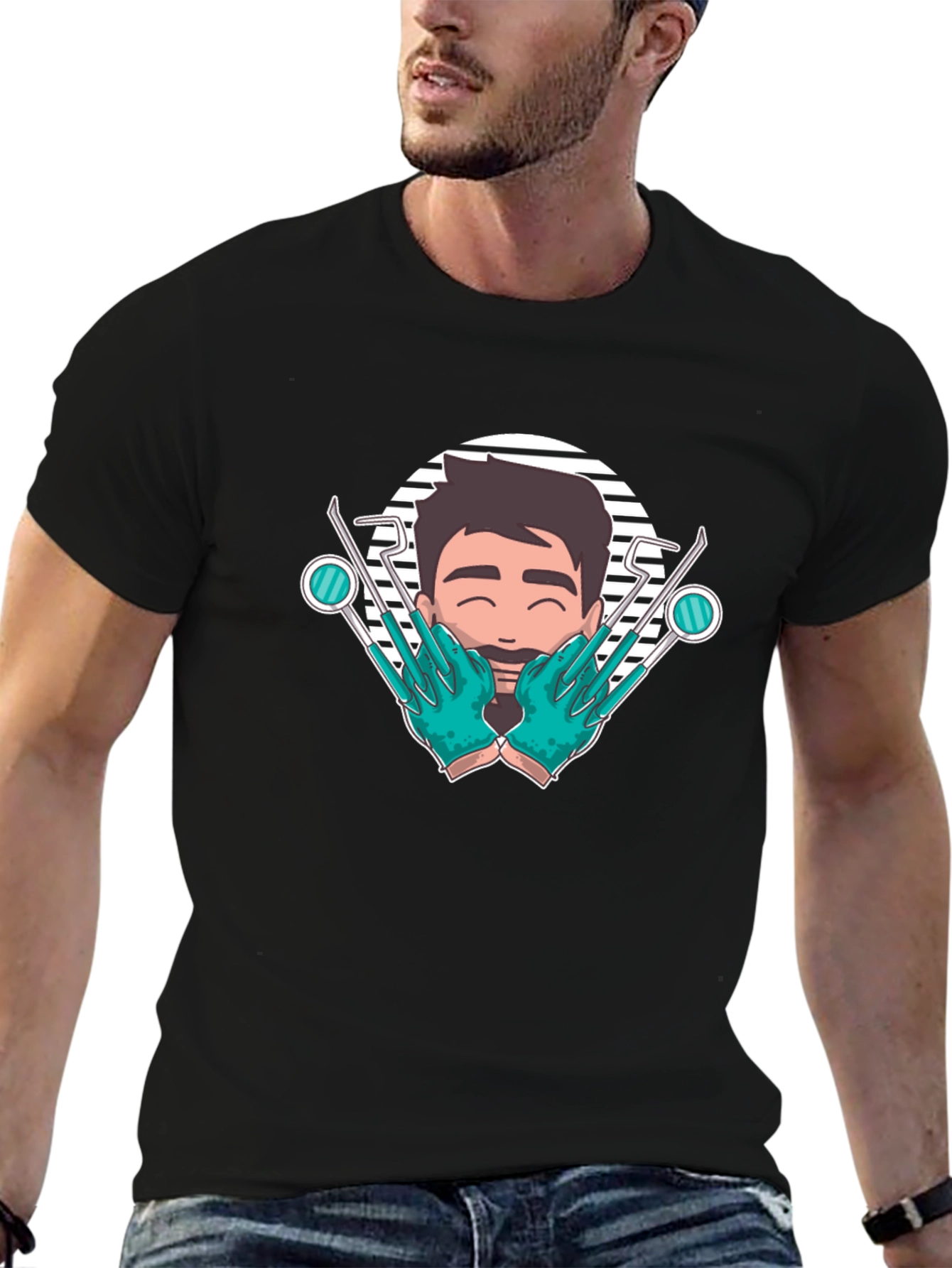 Dentist Cartoon Graphic Tee - Stylish Black T-Shirt