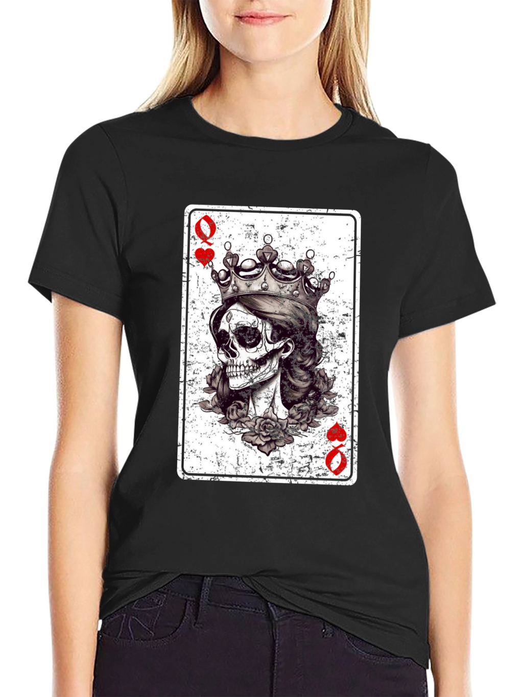 Queen of Hearts Skull Graphic Tee - Black