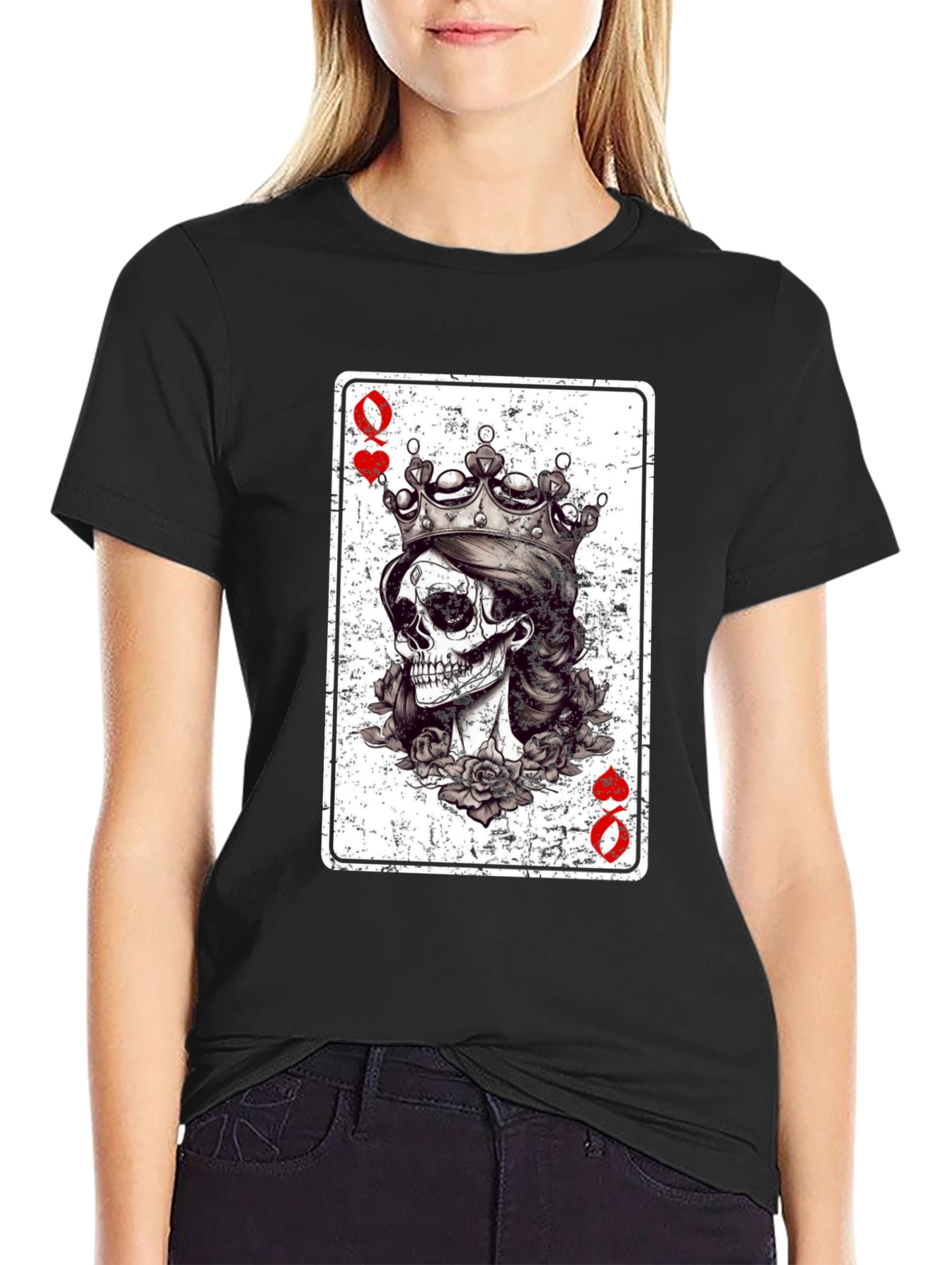 Queen of Hearts Skull Graphic Tee - Black