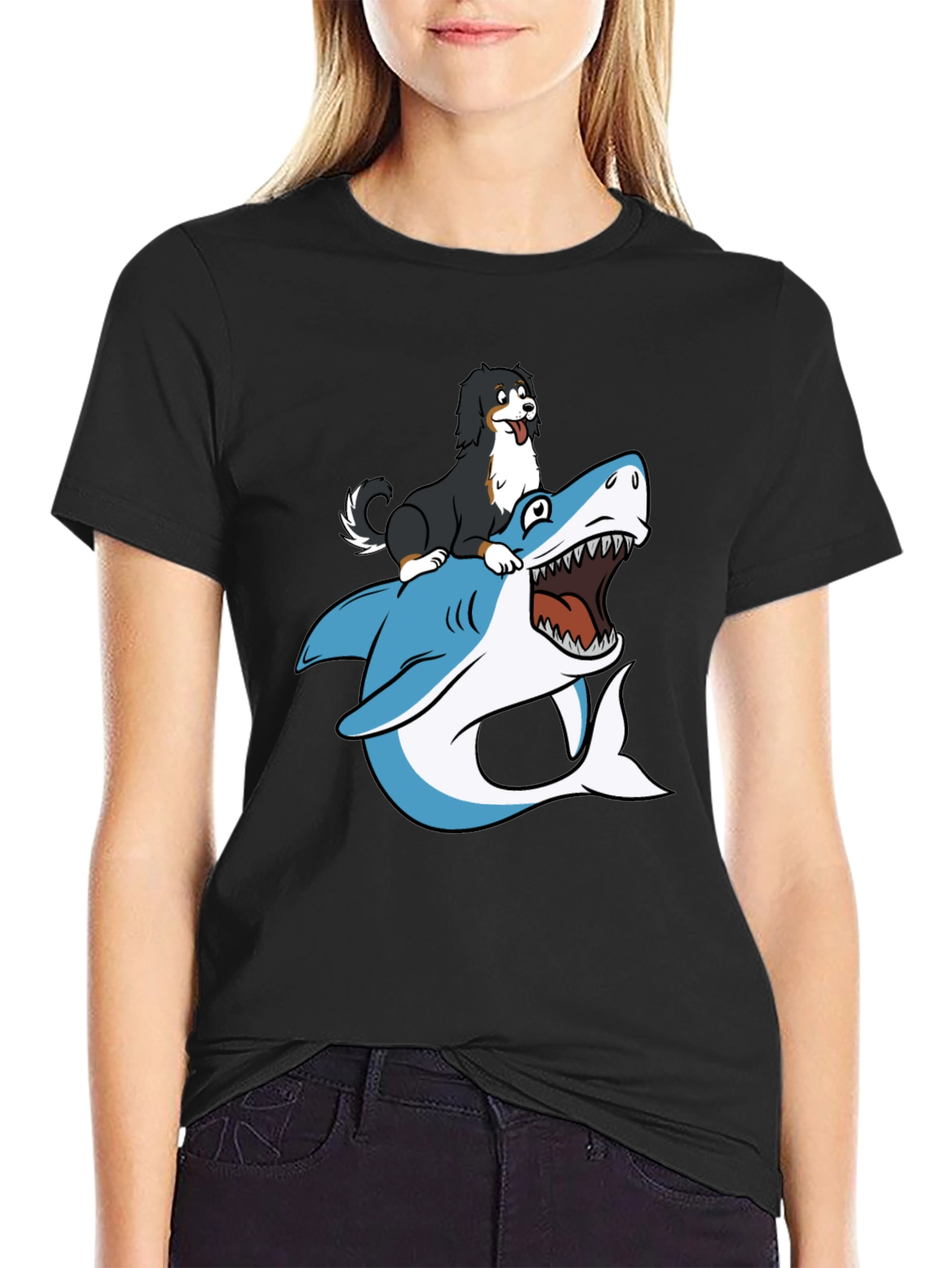 Dog Riding Shark T-Shirt - Black