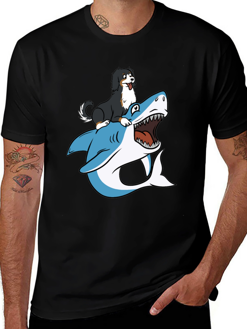 Dog Riding Shark T-Shirt - Black
