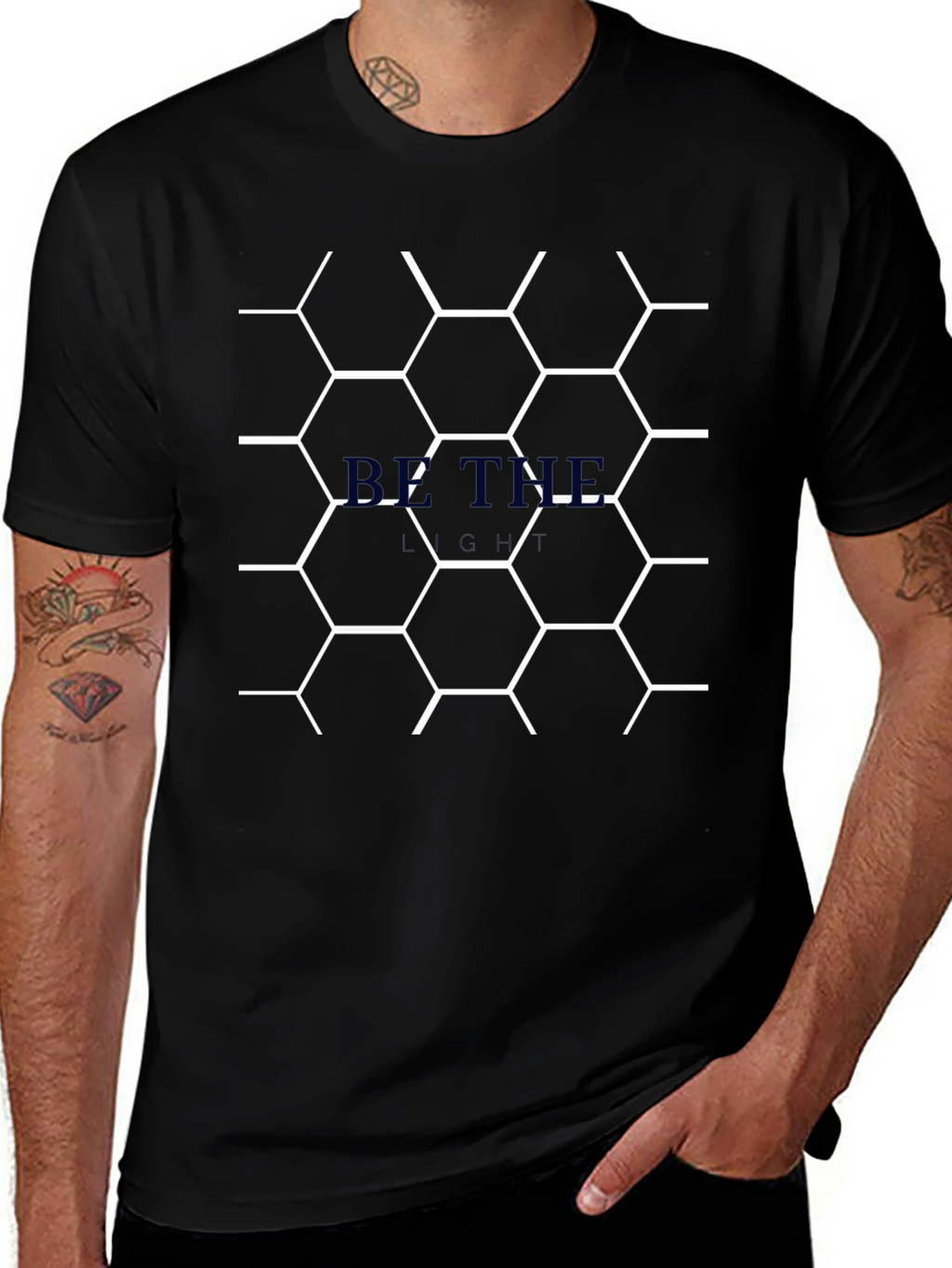 Geometric Hexagon Pattern Black T-Shirt