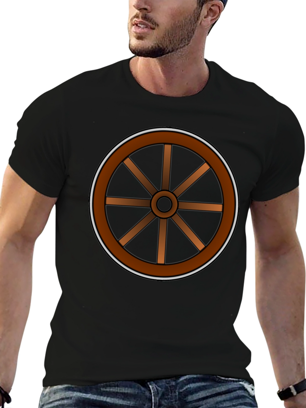 Rustic Wheel Graphic Tee - Black Cotton T-Shirt